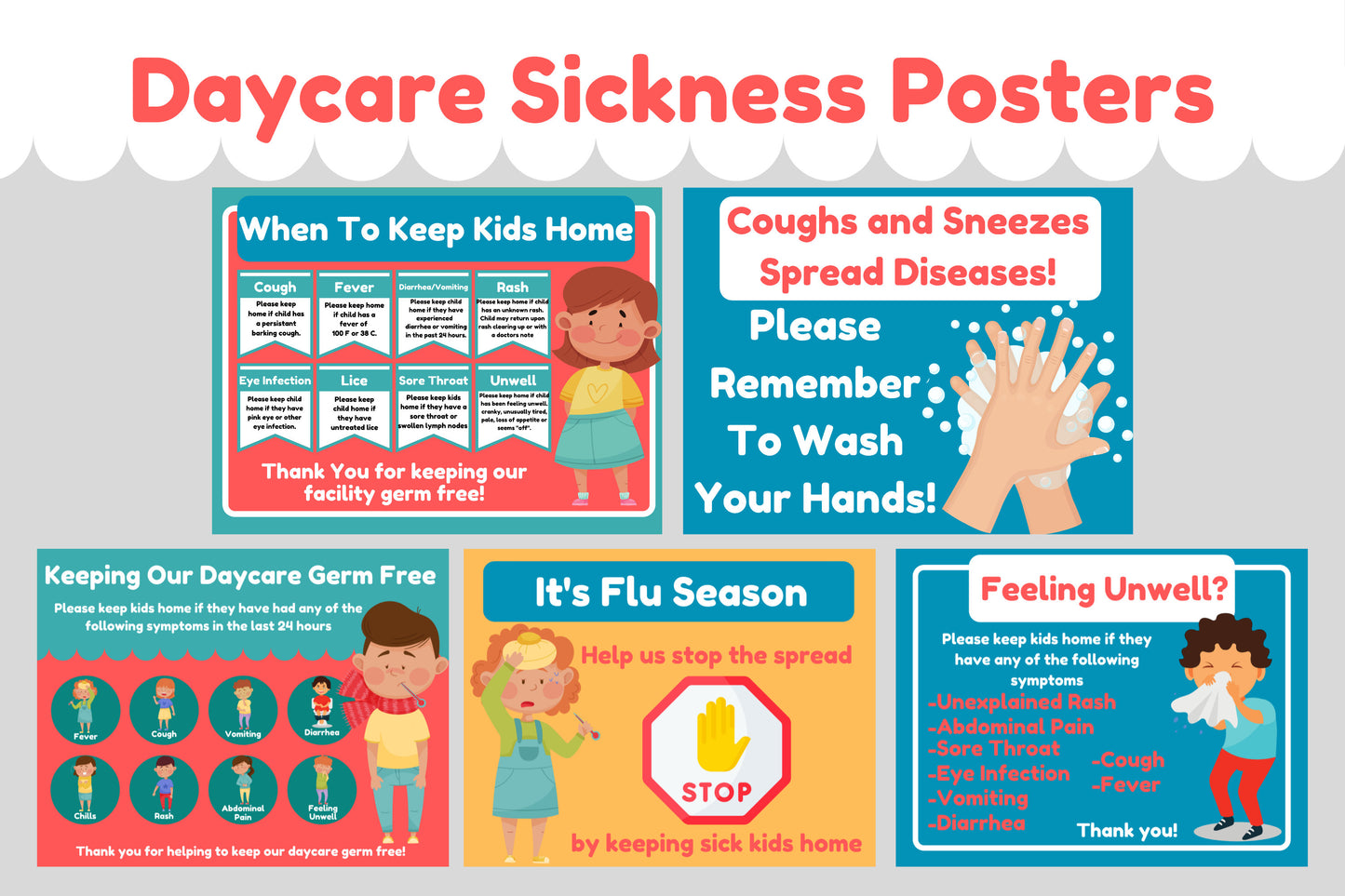 Daycare Health Posters | Primary Colors