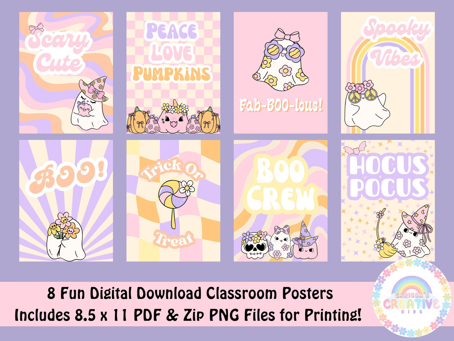 Retro Cute Halloween Classroom Posters | Pastel Bulletin Board Kit | Preschool | Daycare | Halloween Classroom Decor | Fall Bulletin Board