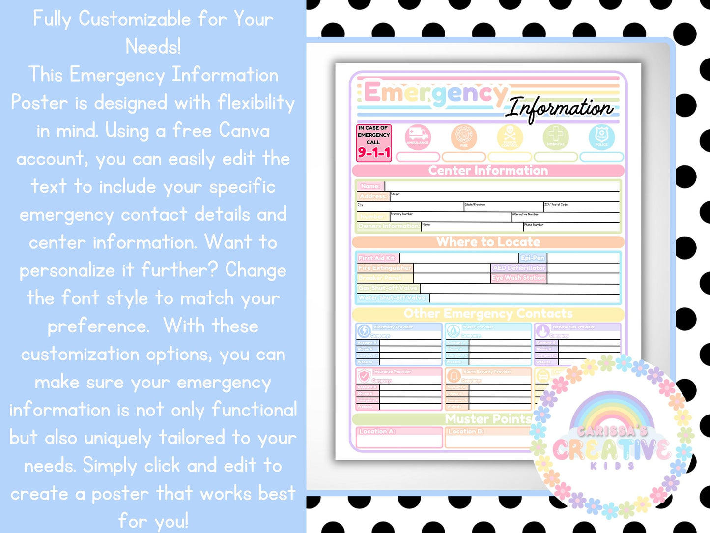 Emergency Information Poster | Home daycare, Daycare Center, Childcare, Preschool | Be Safety Prepared in your Childcare | Editable Template