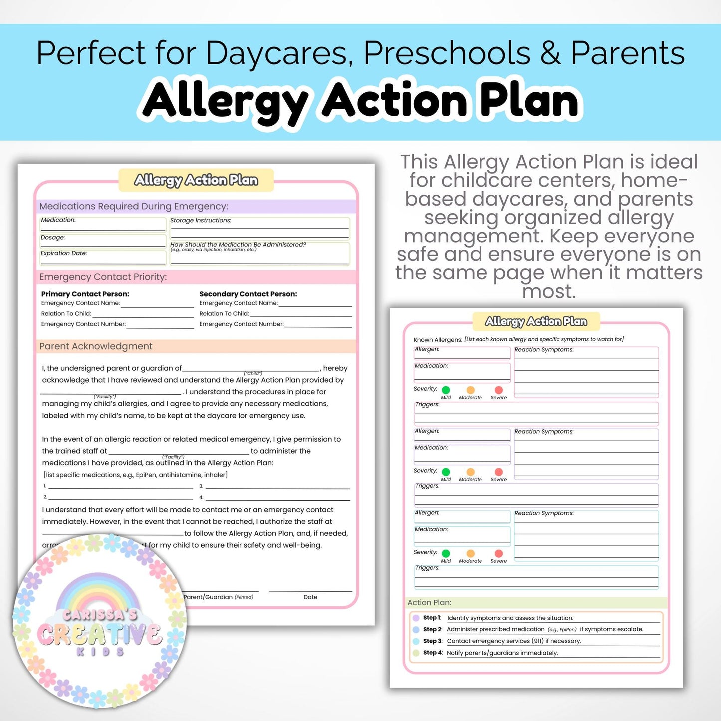 Daycare Forms Allergy Action Plan | Medical Forms for Childcare Centers, Home Daycare Providers | Classroom Medical Form | Allergy Procedure