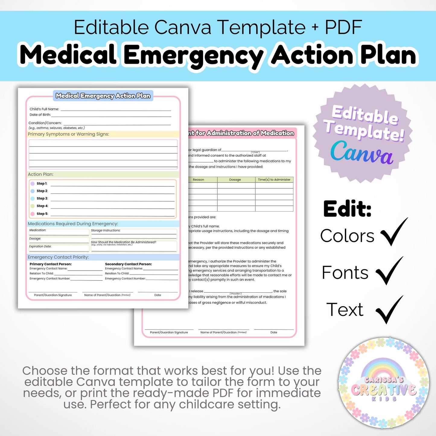 Daycare Forms- Medical Emergency Action Plan | Childcare Emergency Preparedness Medical Forms & Consent