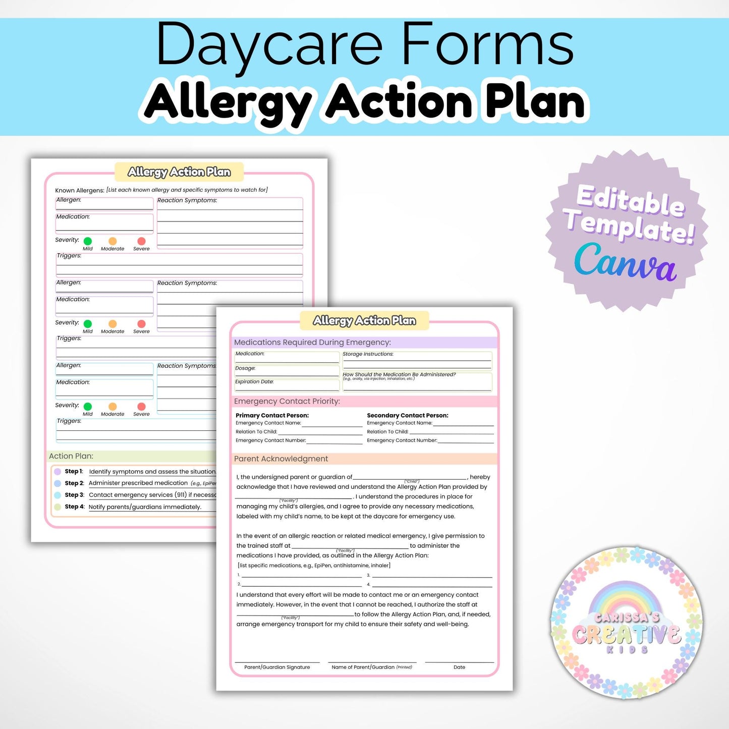 Daycare Forms Allergy Action Plan | Medical Forms for Childcare Centers, Home Daycare Providers | Classroom Medical Form | Allergy Procedure