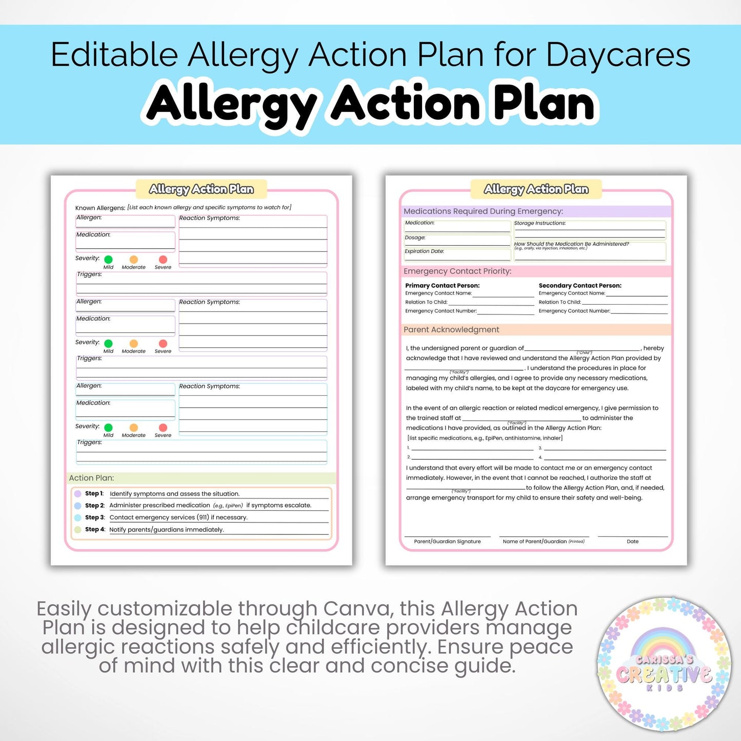Daycare Forms Allergy Action Plan | Medical Forms for Childcare Centers, Home Daycare Providers | Classroom Medical Form | Allergy Procedure