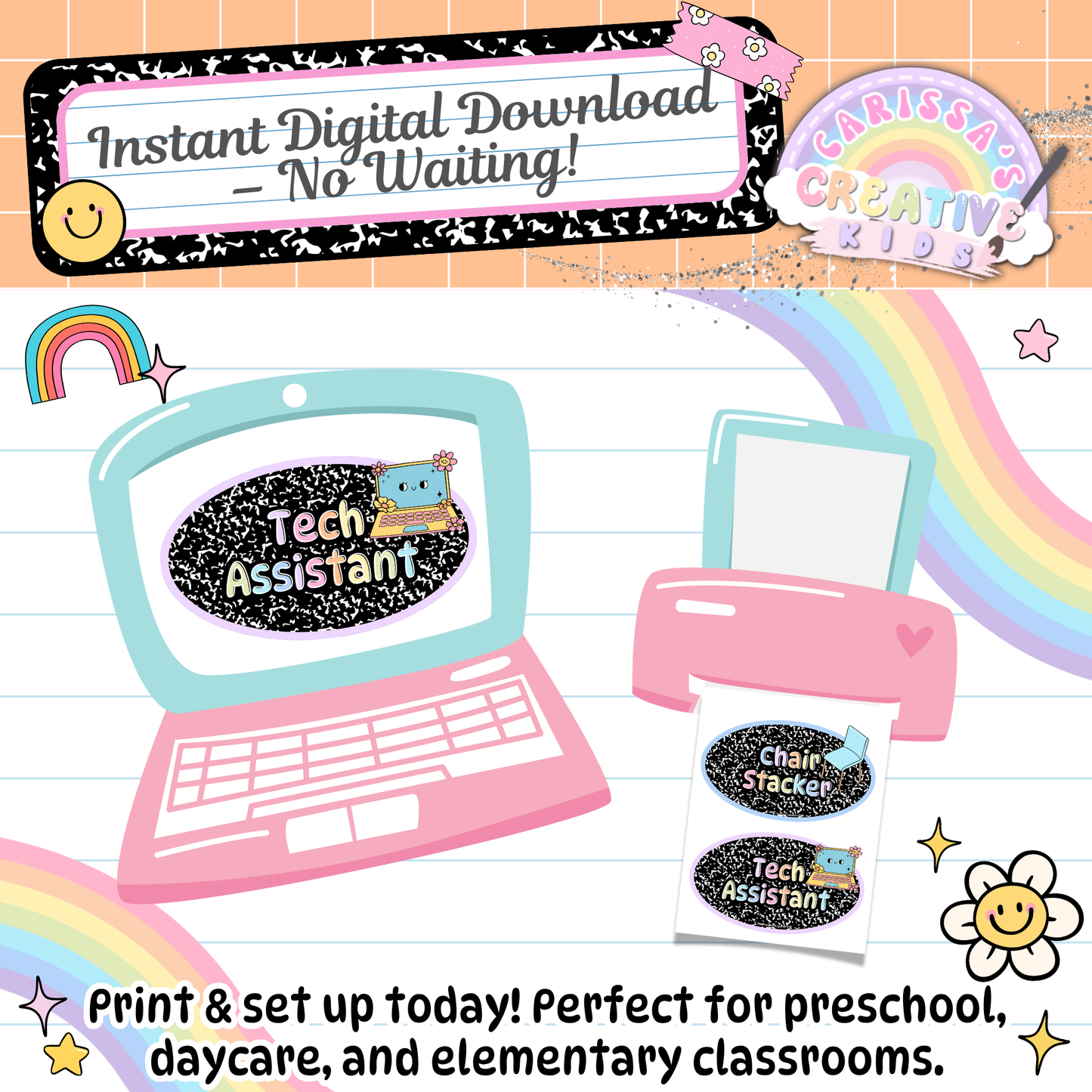Instant digital download for your classroom jobs printable chart. Includes job cards like Tech Assistant and Chair Stacker. Print and use today—ideal for preschool, daycare, and elementary classrooms with pastel rainbow retro themes.