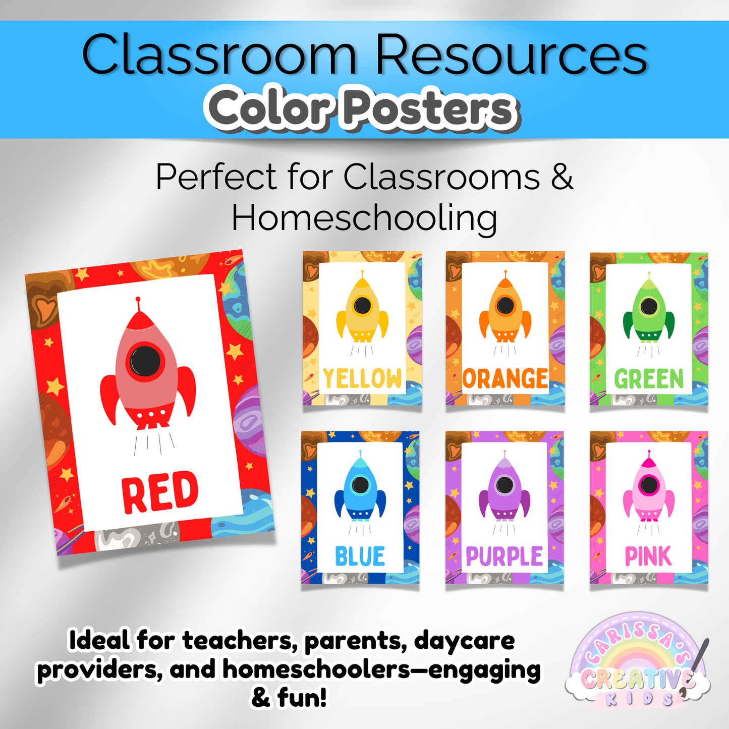 Outer space color poster set with vibrant rocket ships and planets. Great for kids’ rooms and classroom decor.