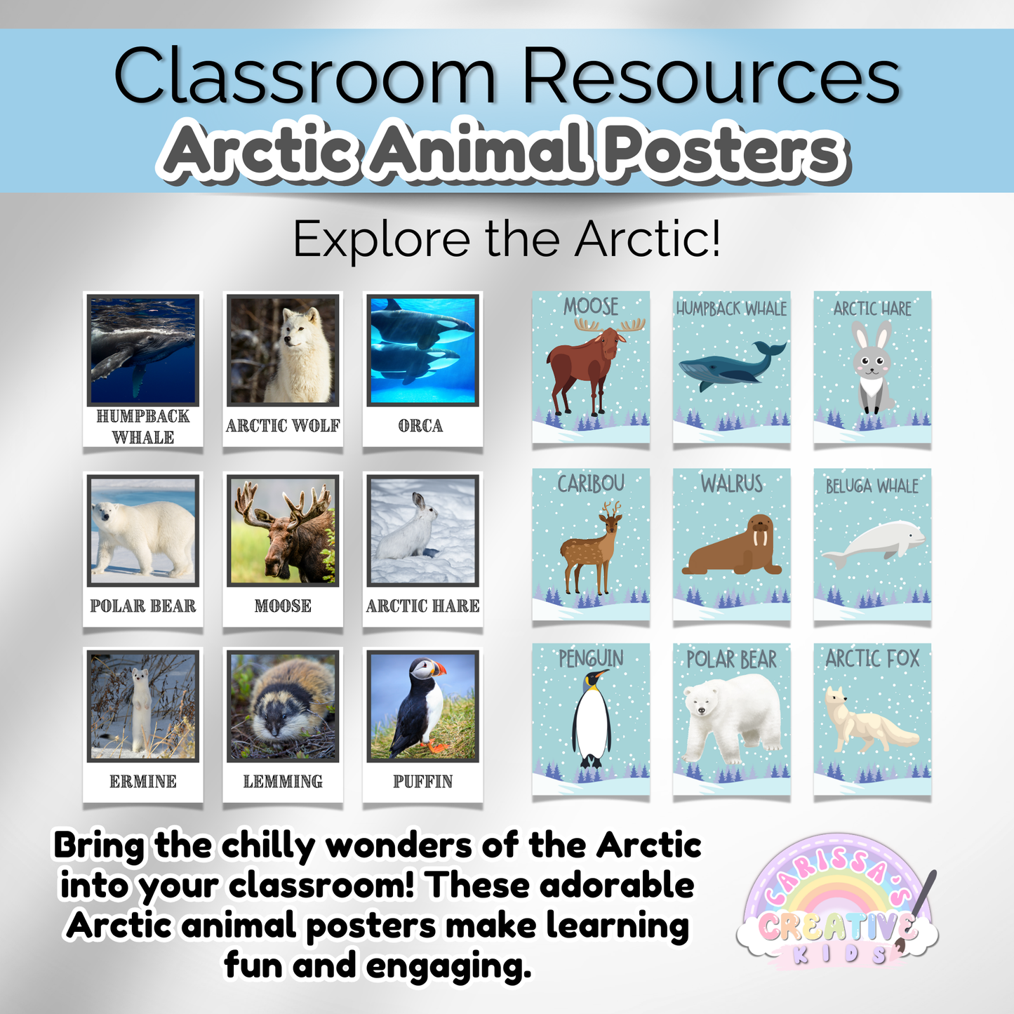 Playroom wall art with Arctic animal posters. Engaging and educational decor for young learners.