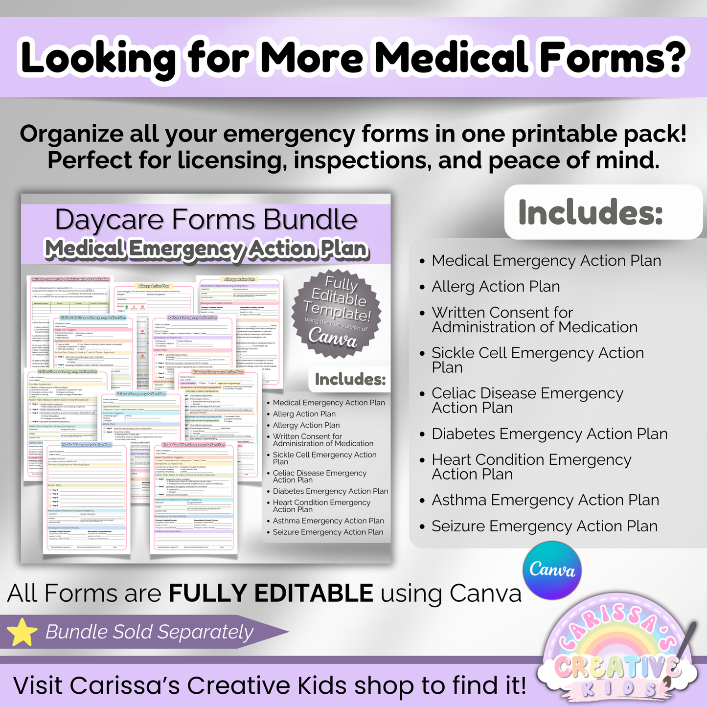 Overview of the Medical Emergency Action Plan Bundle for childcare providers, featuring editable forms for seizures, allergies, asthma, diabetes, heart conditions, and more. Ideal for inspections, licensing, and peace of mind.