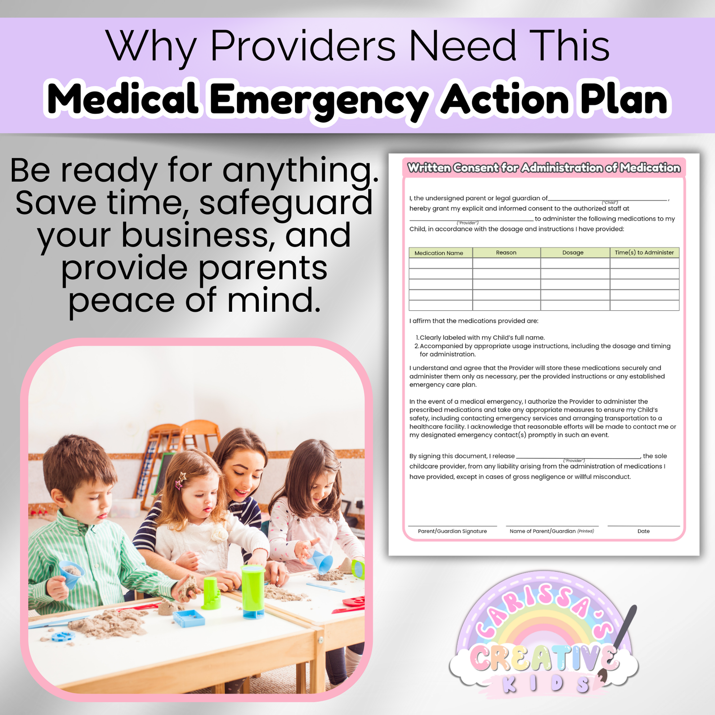 Written Consent for Medication Administration form preview from the daycare emergency plan bundle, shown with a photo of a preschool teacher and children doing hands-on activities—emphasizing safety, preparedness, and peace of mind.