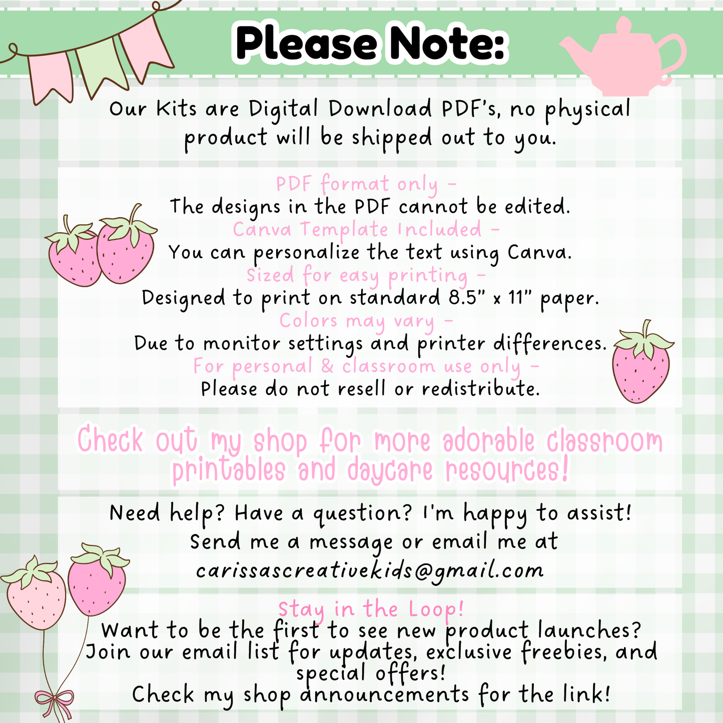This image outlines the details of the Mother's Day DIY gift kit: it’s a digital download only, designed to print on 8.5” x 11” paper, with a Canva template included for personalization. The kit is for personal and classroom use in preschools, daycares, and early learning environments. No physical product will be shipped. Buyers are encouraged to reach out with questions or visit the shop for more Mother’s Day printables and preschool activities.