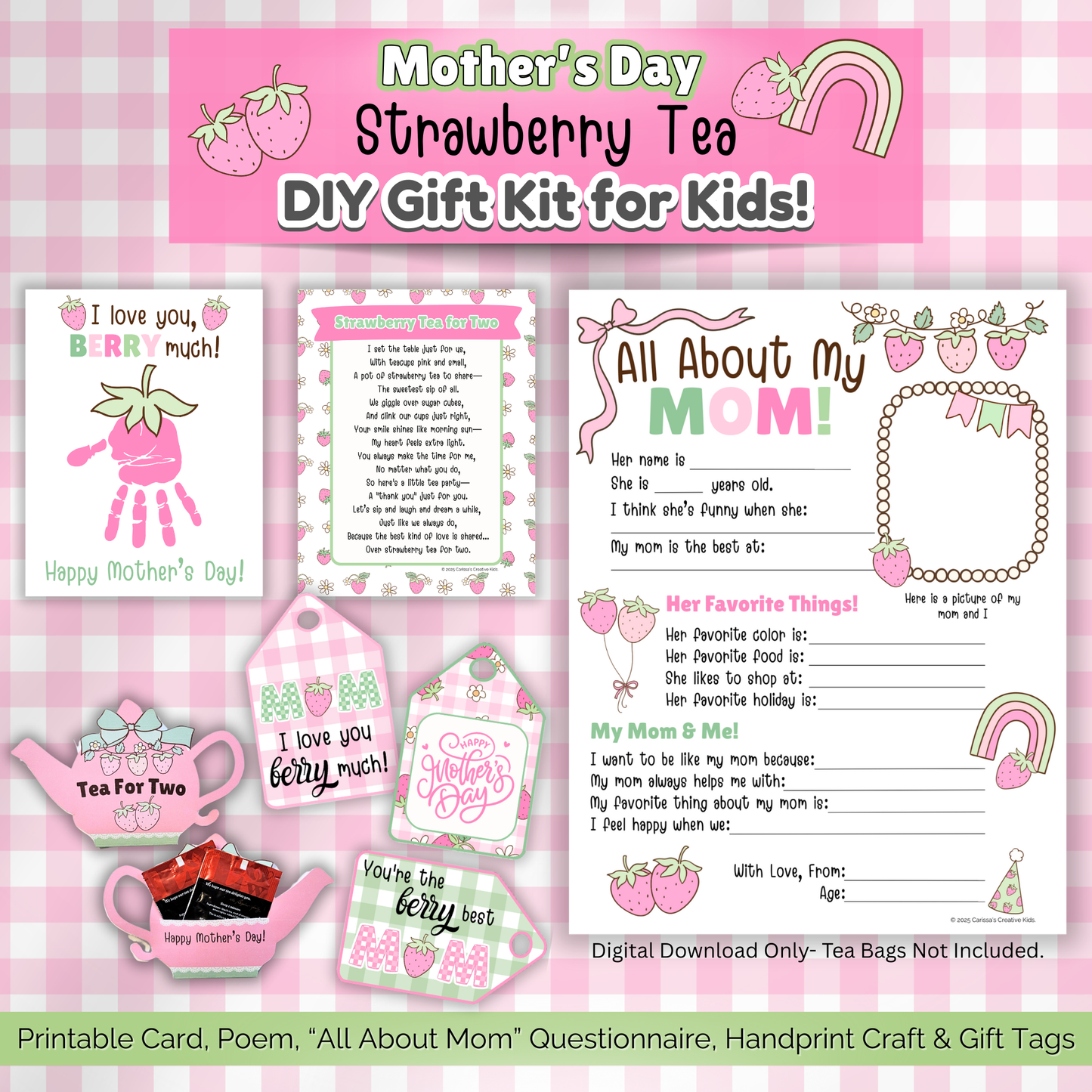 This Mother’s Day DIY Gift Kit for kids includes a printable handprint craft, keepsake poem, “All About My Mom” questionnaire, and themed gift tags. Designed for preschool, kindergarten, or daycare providers, it’s a thoughtful and creative Mother's Day activity. Perfect for classroom use or at-home celebration. A printable gift that blends heartfelt memory-making with easy prep for teachers and caregivers. Digital download only.
