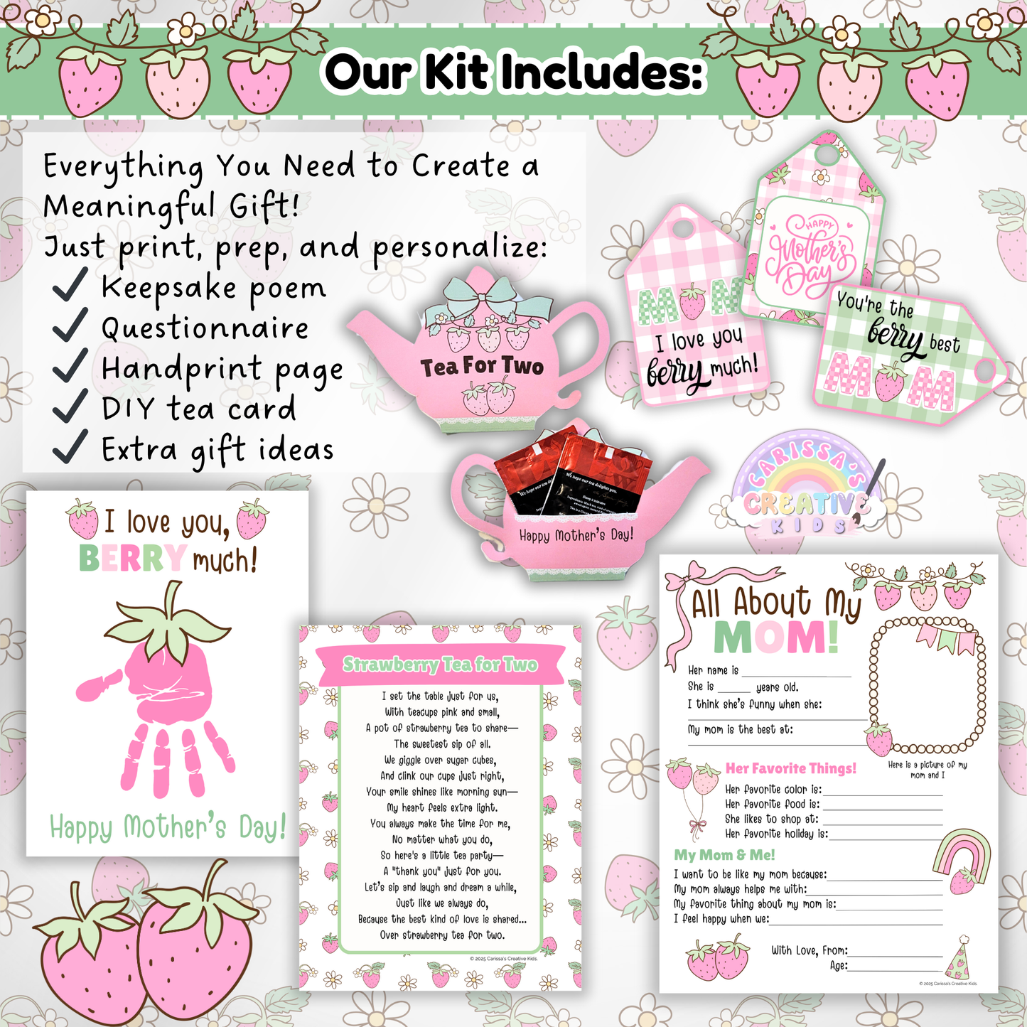 This printable Mother's Day DIY gift kit includes everything educators need to create a meaningful keepsake. Features a fill-in-the-blank poem, questionnaire, handprint craft, DIY tea bag card, and gift tags. Perfect for preschool, daycare, and kindergarten Mother’s Day crafts and classroom activities. Easy to print and prep, this project makes gifting personal and stress-free for teachers and caregivers.