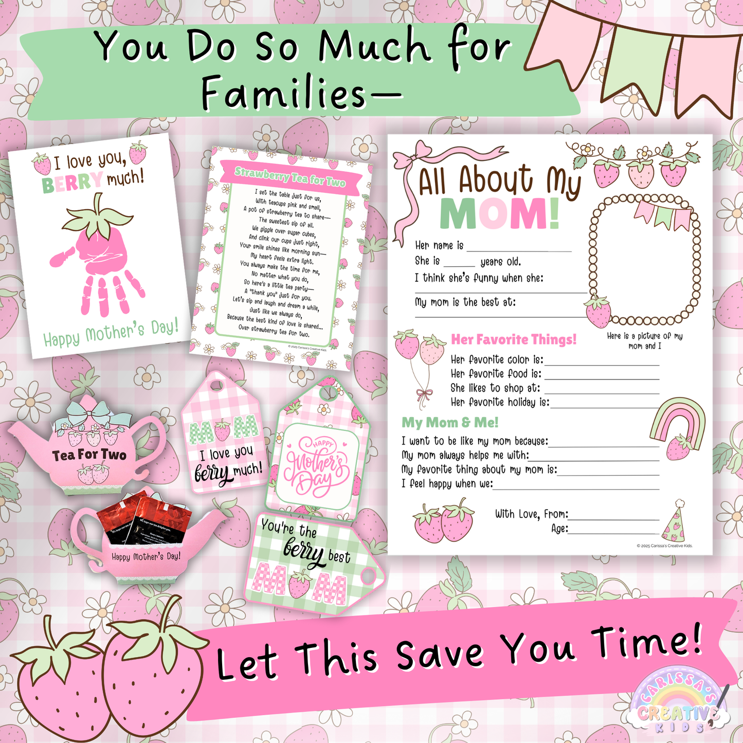 This printable Mother's Day gift kit is designed to save teachers and childcare providers valuable time. Includes a handprint craft, keepsake poem, tea bag card, and “All About My Mom” questionnaire. Perfect for daycare, preschool, and kindergarten Mother’s Day activities. A creative way to support families and create heartfelt keepsakes without the stress of prepping complex crafts.