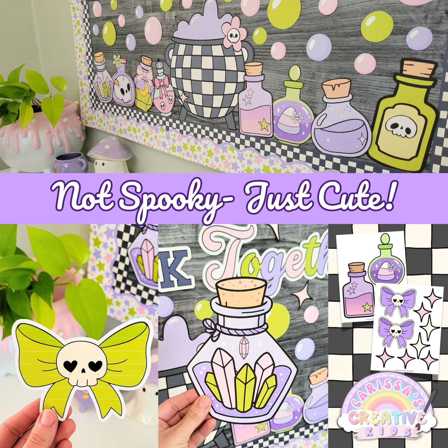 Close-up of pastel Halloween bulletin board pieces, including a yellow skull bow, crystal potion bottle, and printable classroom cutouts. A fun, not-spooky Halloween board perfect for pastel classrooms, fall bulletin boards, and door decor.