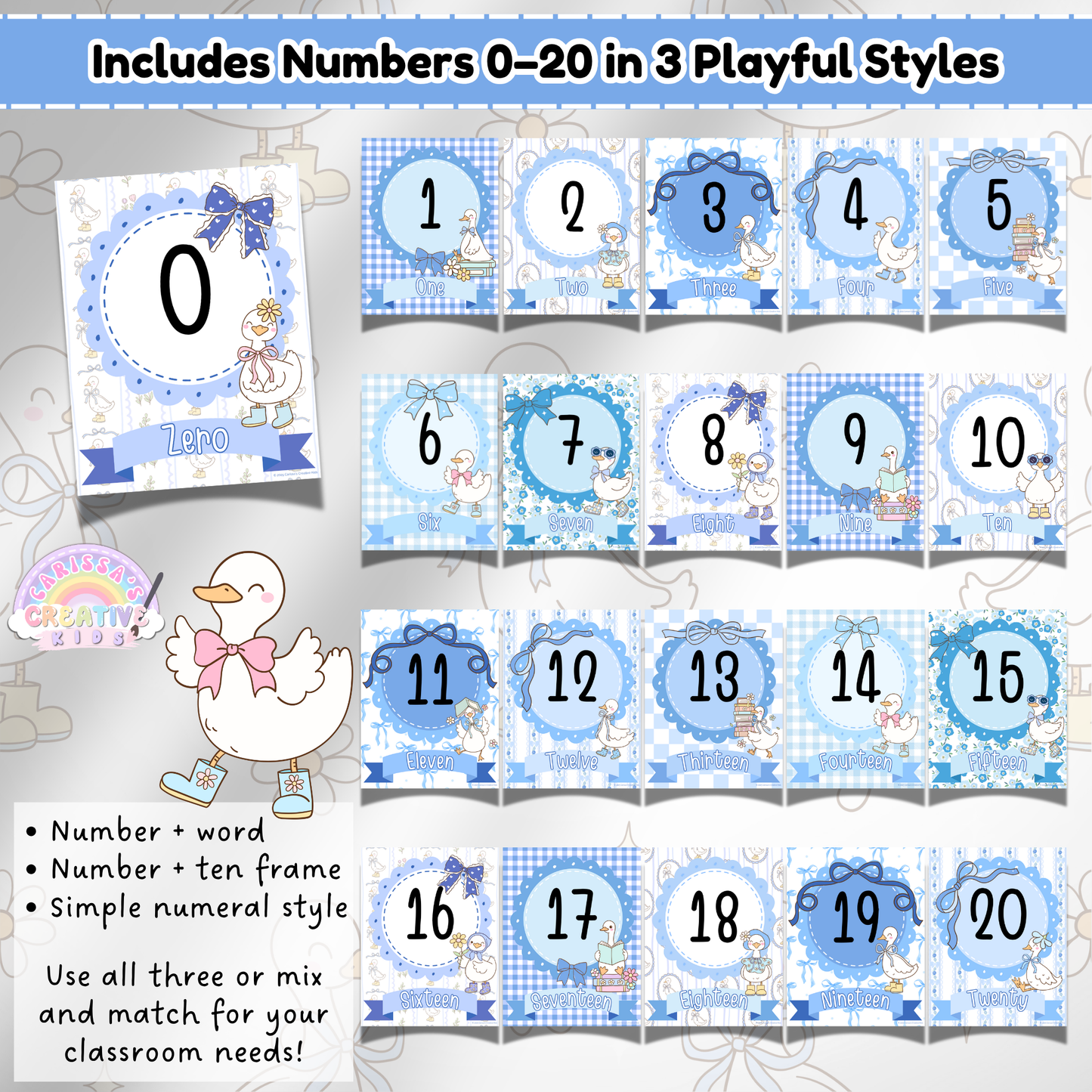 Complete set of Silly Goose Number Posters from 0 to 20 in three styles: number with word, ten-frame version, and simple numeral design for preschool or daycare math displays.