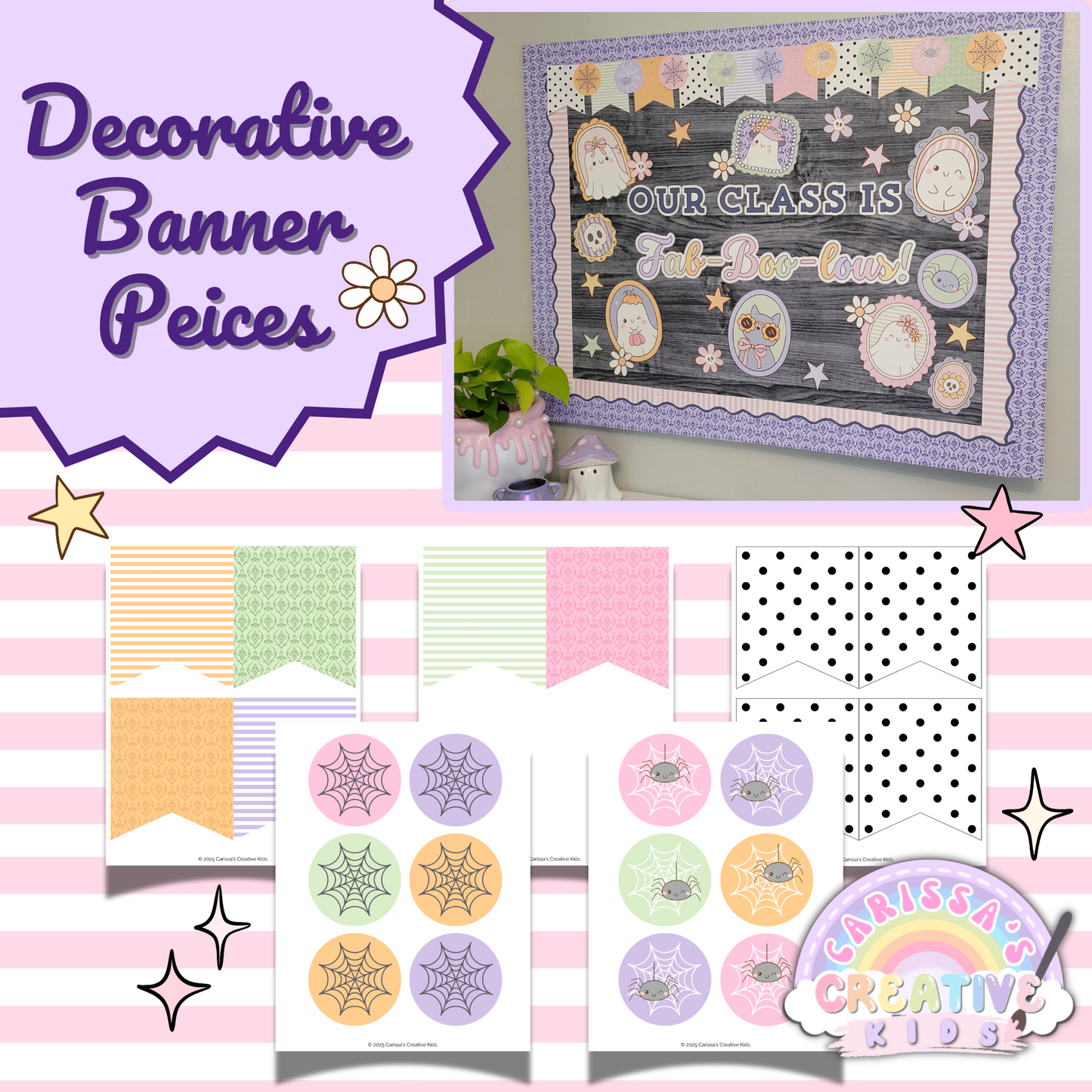 Pastel Halloween bulletin board kit with decorative printable banner pieces including spiderweb circles, patterned flags, and dot designs—shown alongside a styled “Fab-Boo-lous” classroom display.