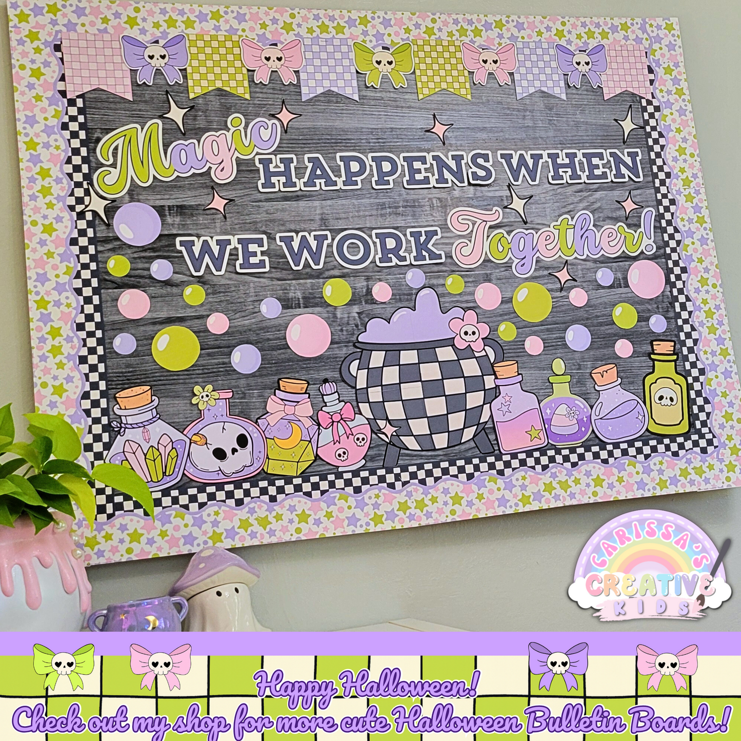 Pastel Halloween classroom bulletin board display with cauldron and potion theme. Bottom banner encourages teachers to explore more Halloween bulletin boards from Carissa’s Creative Kids. Great for fall classroom decor and themed teaching spaces.