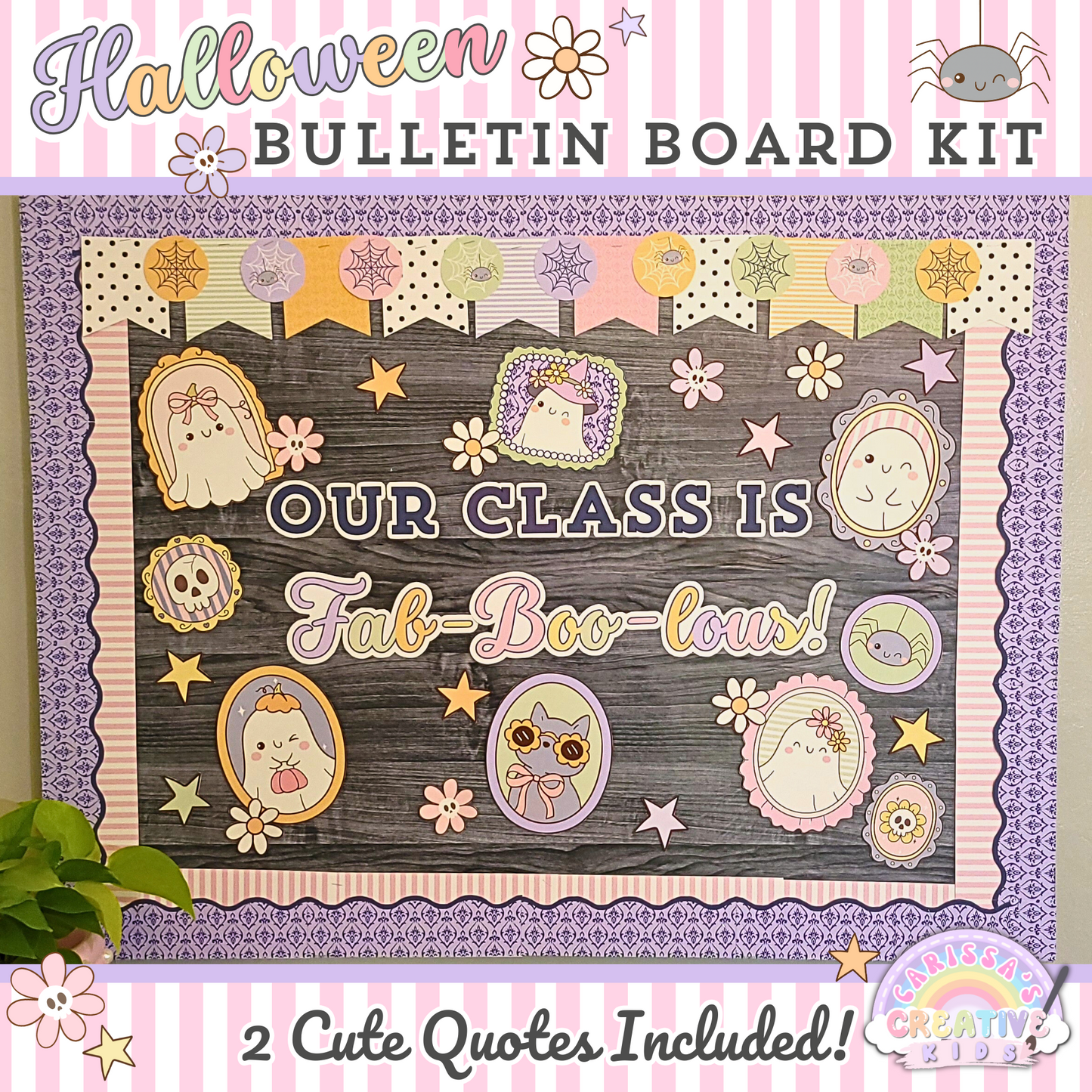Pastel Halloween bulletin board kit featuring the quote "Our Class Is Fab-Boo-lous" with layered borders, cute character portraits, and fall classroom decor.