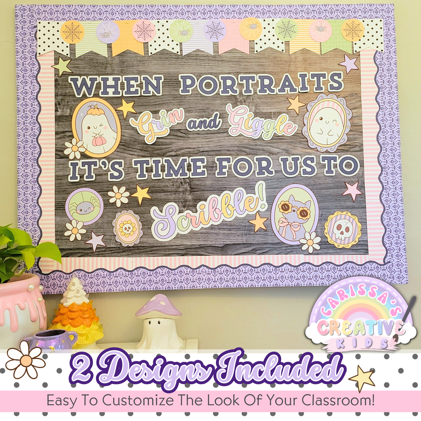 Pastel Halloween bulletin board with the quote "When Portraits Grin and Giggle, It's Time For Us To Scribble," displayed in a classroom setting with layered printable borders and cute ghost portraits, highlighting two included design options.