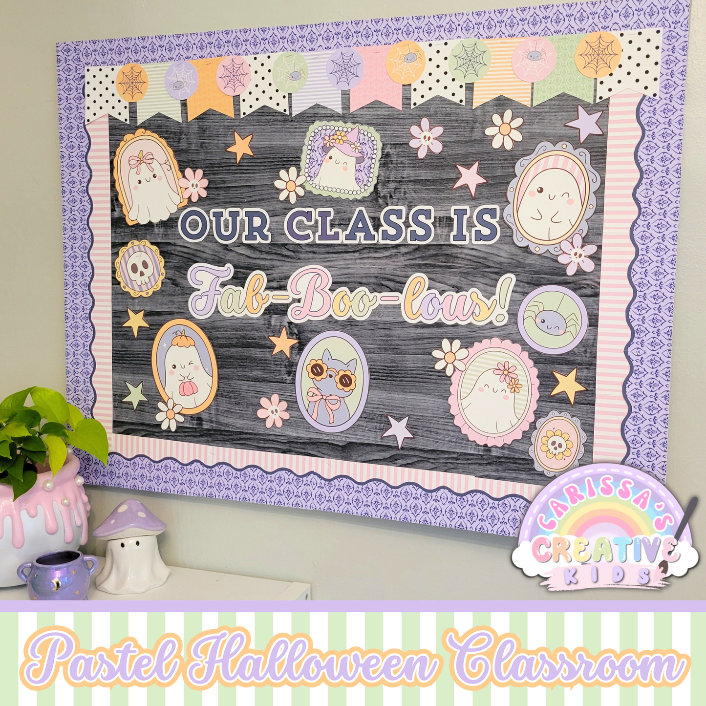 Pastel Halloween classroom decor featuring the "Our Class Is Fab-Boo-lous!" bulletin board display with layered borders, cute ghost portraits, and soft fall colors, styled with classroom accessories.
