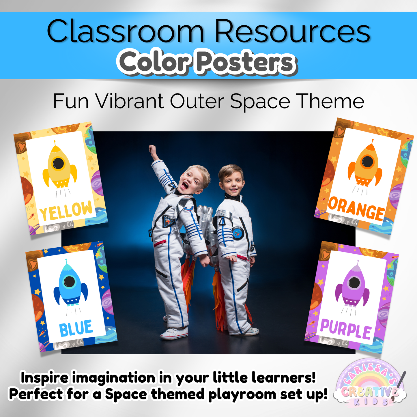 Kids' room space color posters featuring fun rocket ships and planets. Great for inspiring young learners.