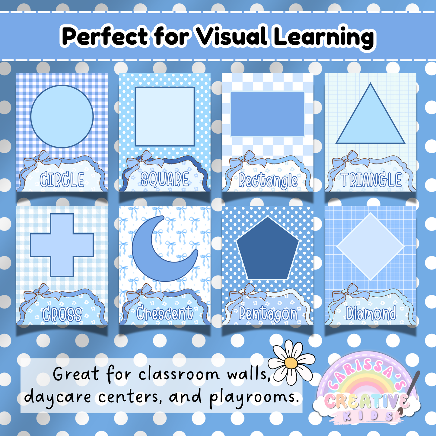 Nine blue-themed shape posters—circle, square, rectangle, triangle, cross, crescent, pentagon, diamond—are shown on a polka dot background. Designed for visual learning in preschool, kindergarten, and daycare settings, this playful silly goose wall art helps young children easily recognize and name common shapes.