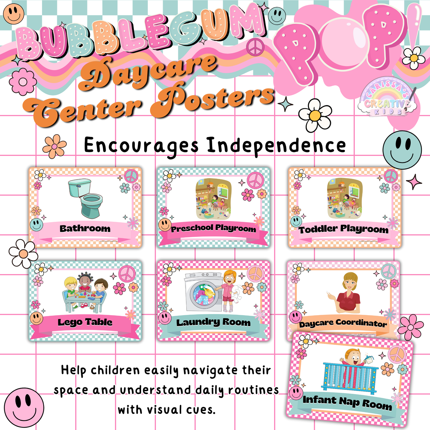 Bubblegum Pop! themed center signs for daycare and playrooms. Organize and define learning spaces with vibrant posters.