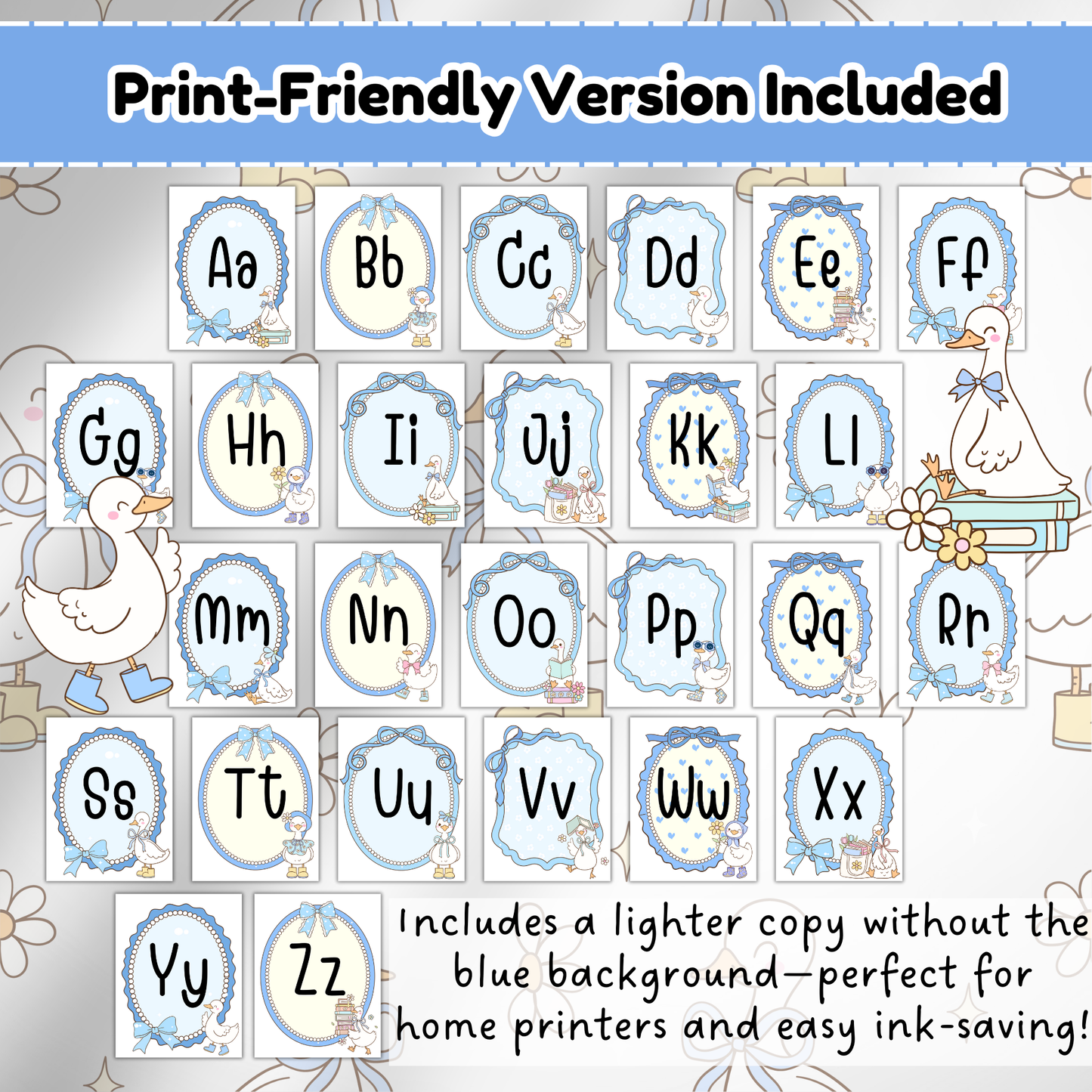 Print-friendly version of silly goose alphabet posters with soft pastel outlines and no background; designed to save ink while still fitting vintage classroom, daycare, or playroom decor themes.