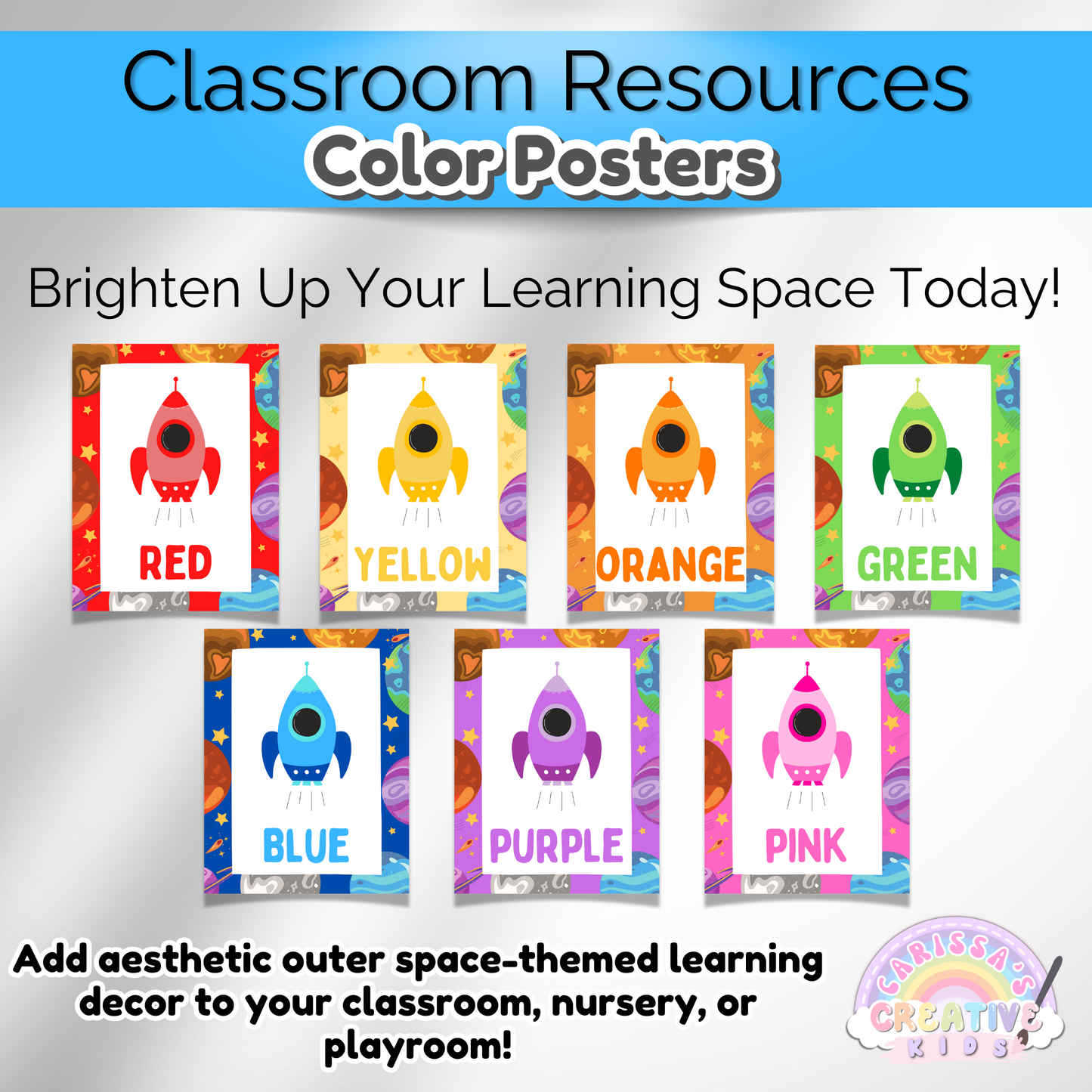 Classroom wall art with an outer space theme. Bright color posters to enhance any learning space.