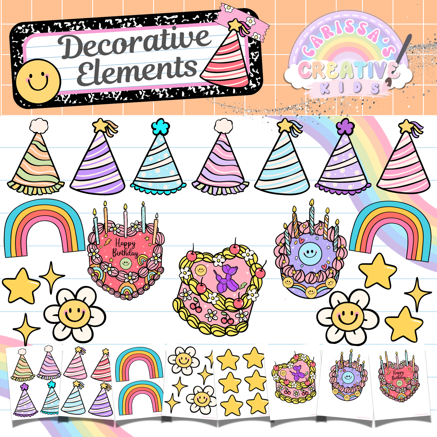 Printable birthday decor cutouts including party hats, cakes, rainbows, stars, and smiley flowers. Use these elements to enhance your classroom birthday board or wall. Fun, retro designs made for preschool and elementary teachers.