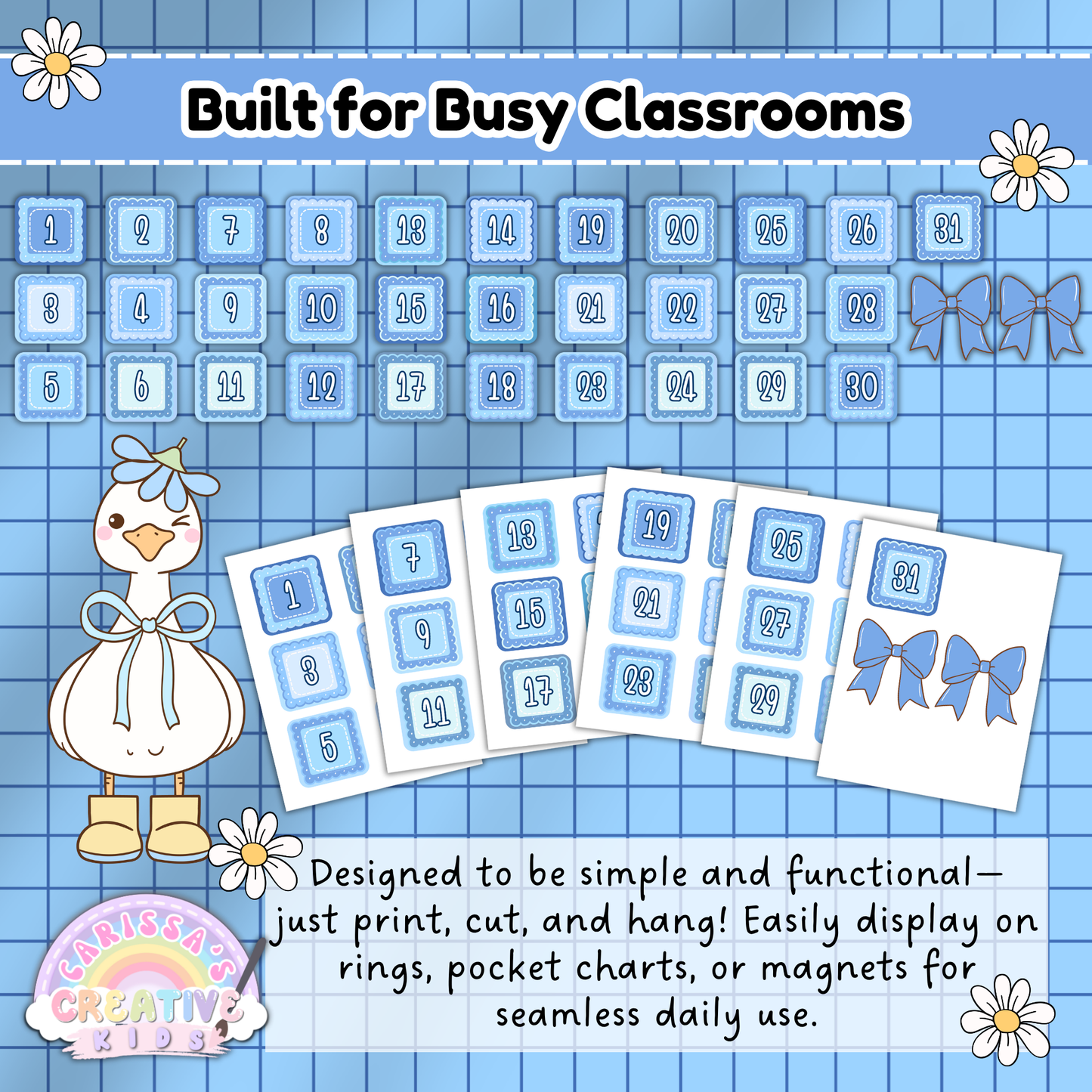 Printable Classroom Flip Calendar – Editable Date Cards for Teachers with Numbers 1 to 31 and Blue Bow Accents in Silly Goose Theme