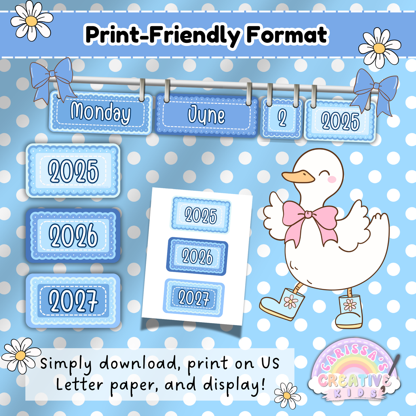 Print-Friendly Classroom Flip Calendar – Editable Year Cards and Daily Date Display for Blue Silly Goose Theme