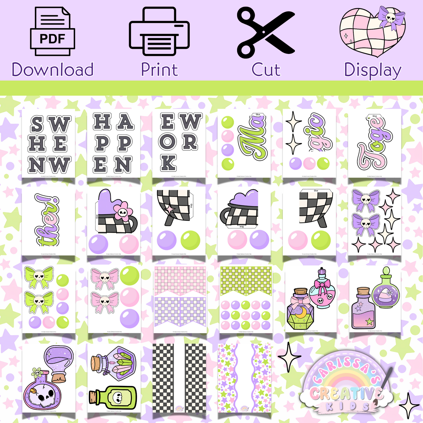 Preview of printable Halloween bulletin board kit with PDF pages showing lettering, potion bottles, borders, stars, and bows. Designed for easy classroom use—just download, print, cut, and display. Ideal for pastel Halloween wall decor or fall bulletin boards.