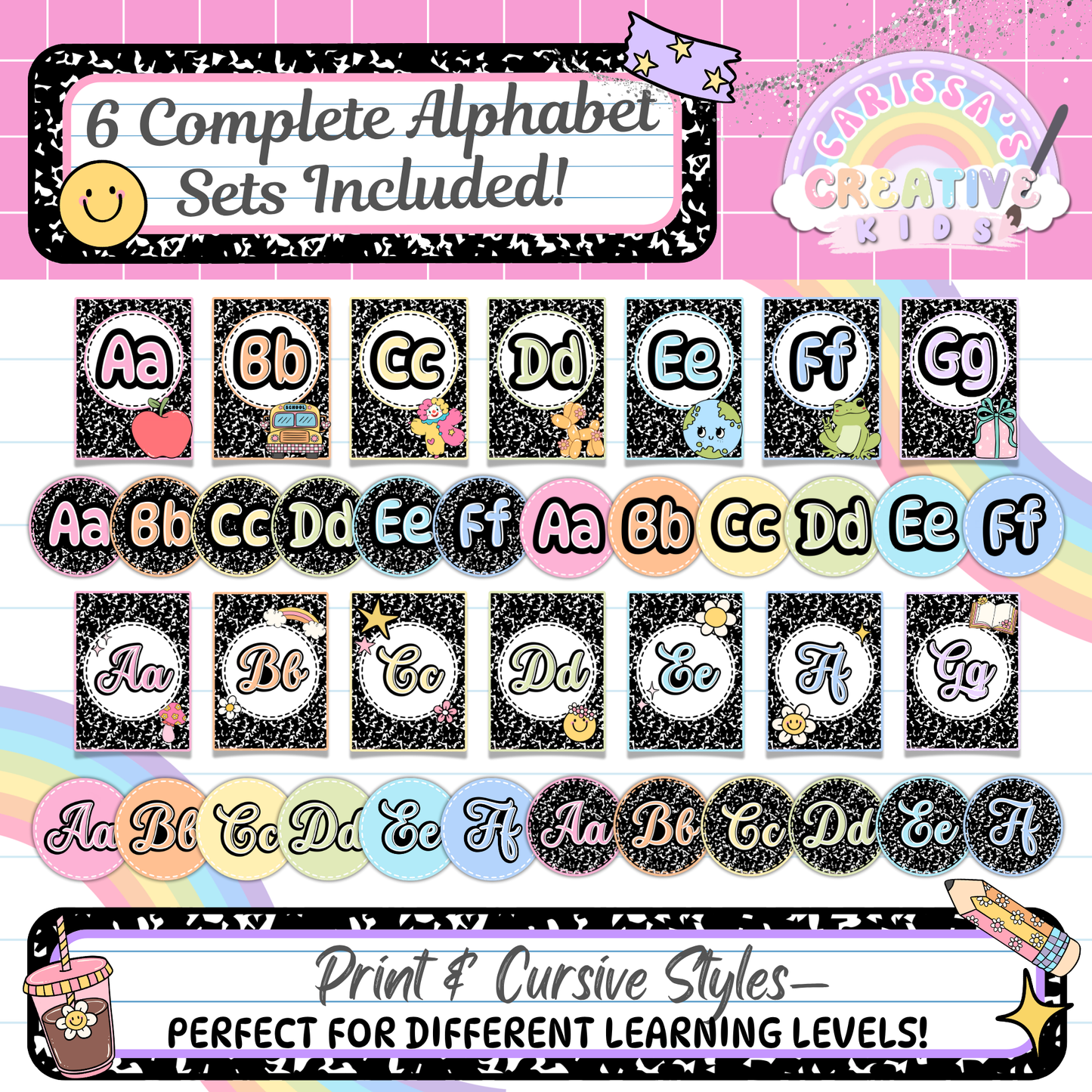 Preview of all six alphabet sets included in the Retro Rainbow Alphabet Posters bundle. Features both print and cursive styles in pastel and chalkboard designs. Great for preschool classrooms, bulletin boards, or homeschool learning environments.