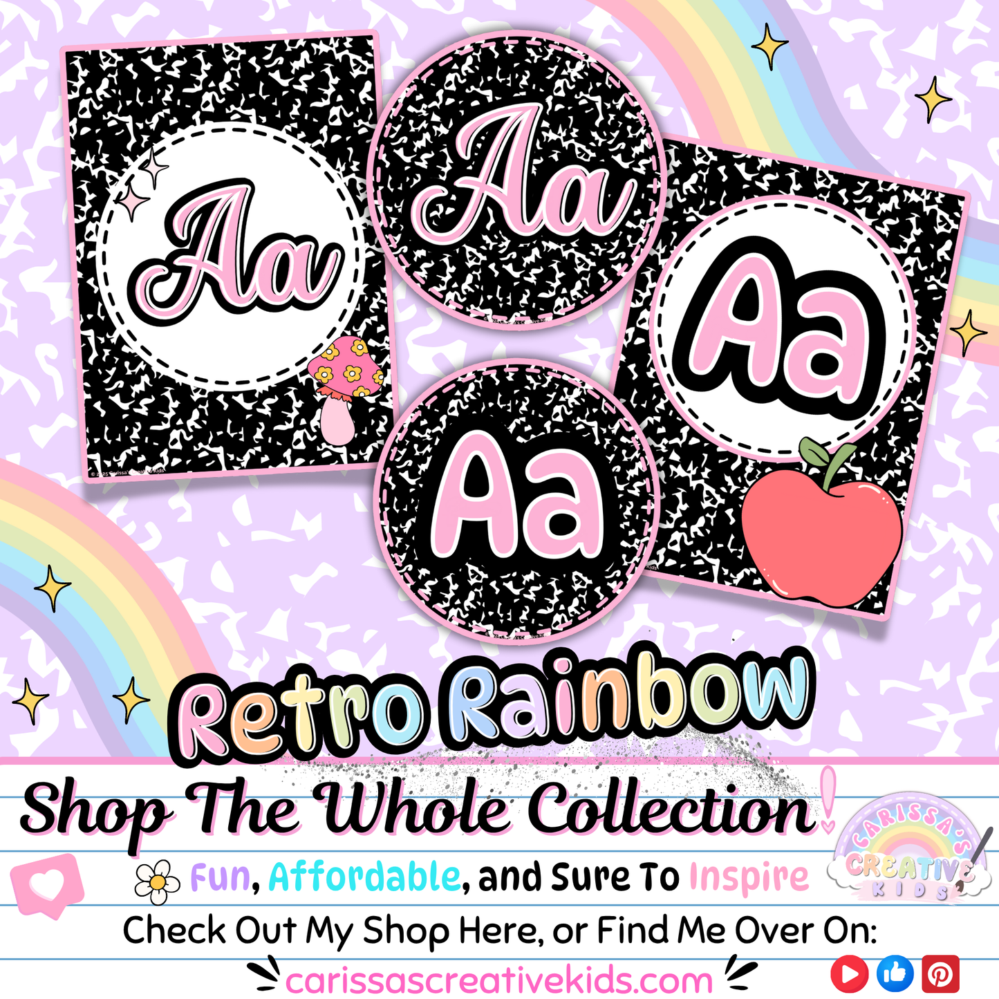 Showcase of Retro Rainbow Alphabet Posters with a call to shop the full collection. Features print and cursive alphabet cards with pastel colors and retro chalkboard backgrounds—ideal for classroom decor, preschool walls, or homeschool learning.