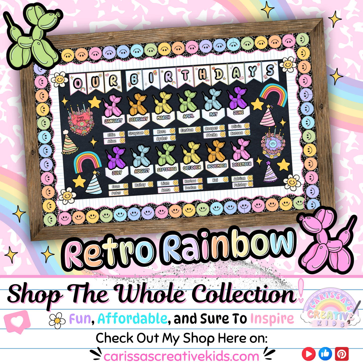 Retro Rainbow birthday board shown in a styled frame with full decor set. Promotes the full collection for matching classroom themes. Great for preschool, home daycare, or elementary teachers decorating with colorful, retro vibes.