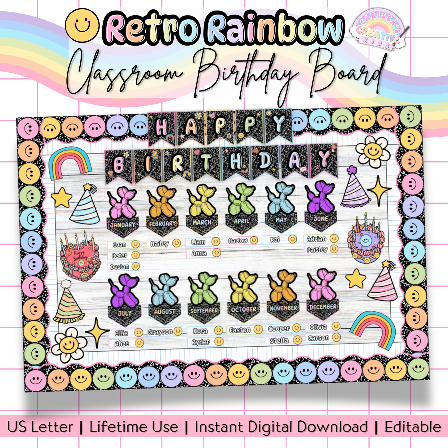 Editable Retro Rainbow Birthday Bulletin Board with colorful month headers, name tags, party cutouts, and smiley borders. Perfect printable classroom decor for preschool, daycare, and elementary birthday walls or bulletin boards.