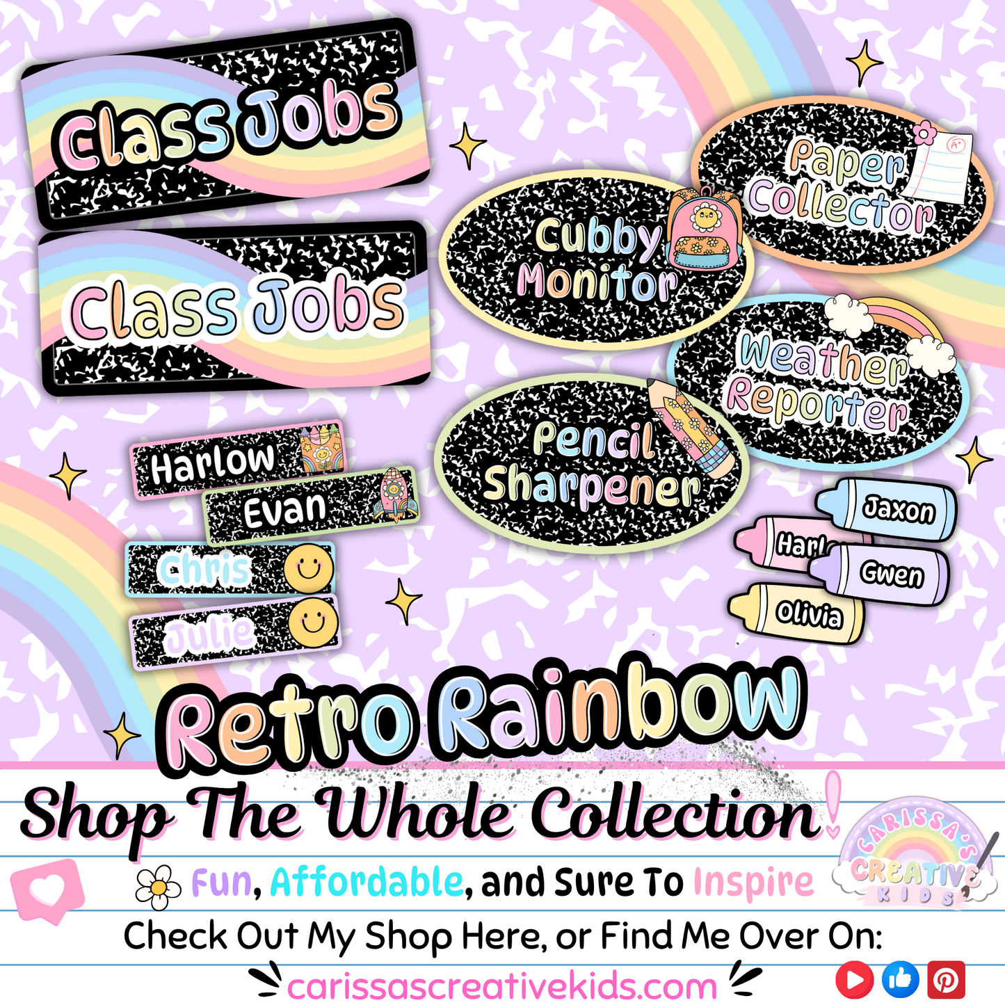Retro Rainbow Classroom Jobs promo image featuring job cards like Cubby Monitor, Pencil Sharpener, and Weather Reporter. Highlights pastel groovy style and encourages browsing the full printable collection for preschool and elementary classrooms.