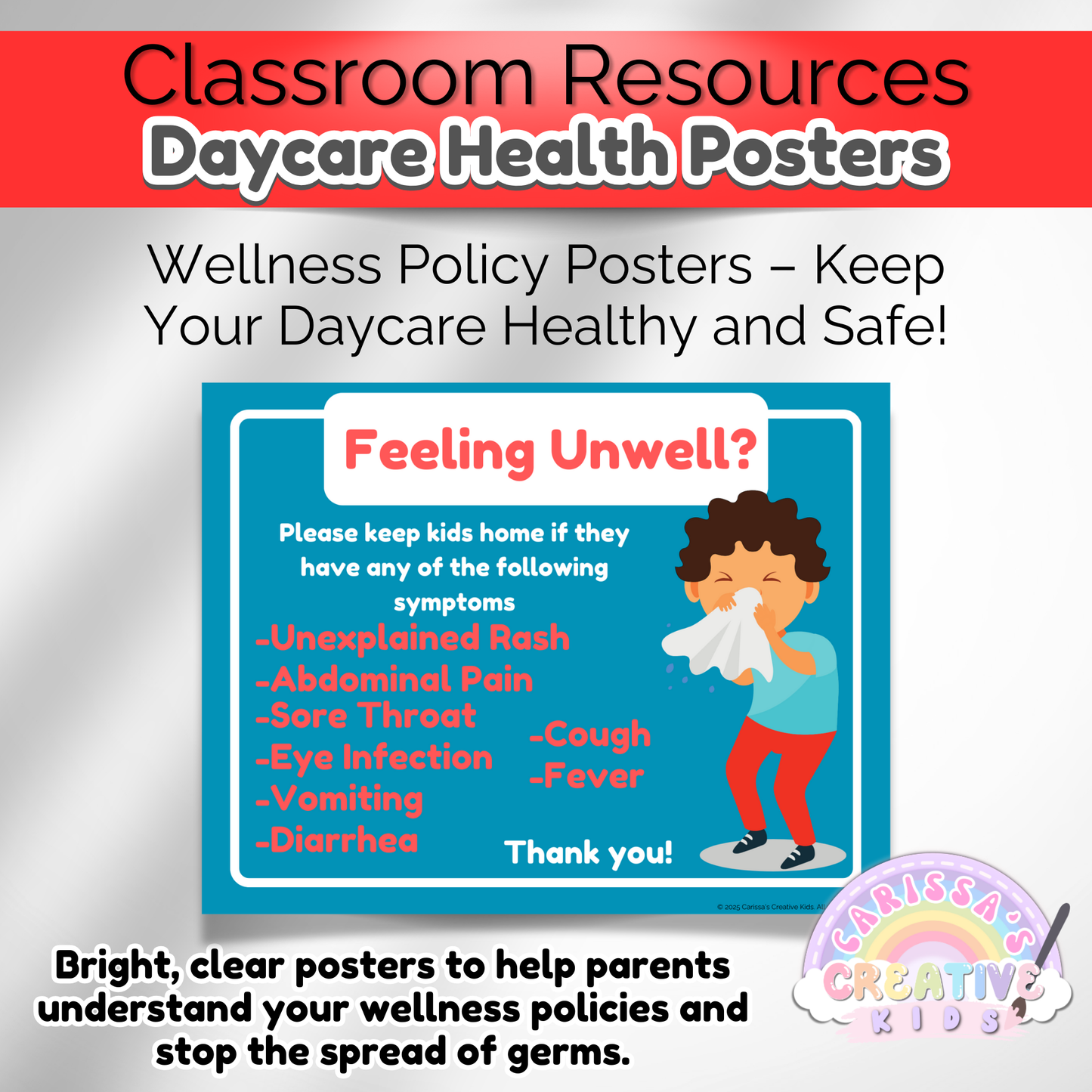 Daycare sick policy health poster for clear communication of wellness rules. Perfect for daycare decor and organization.