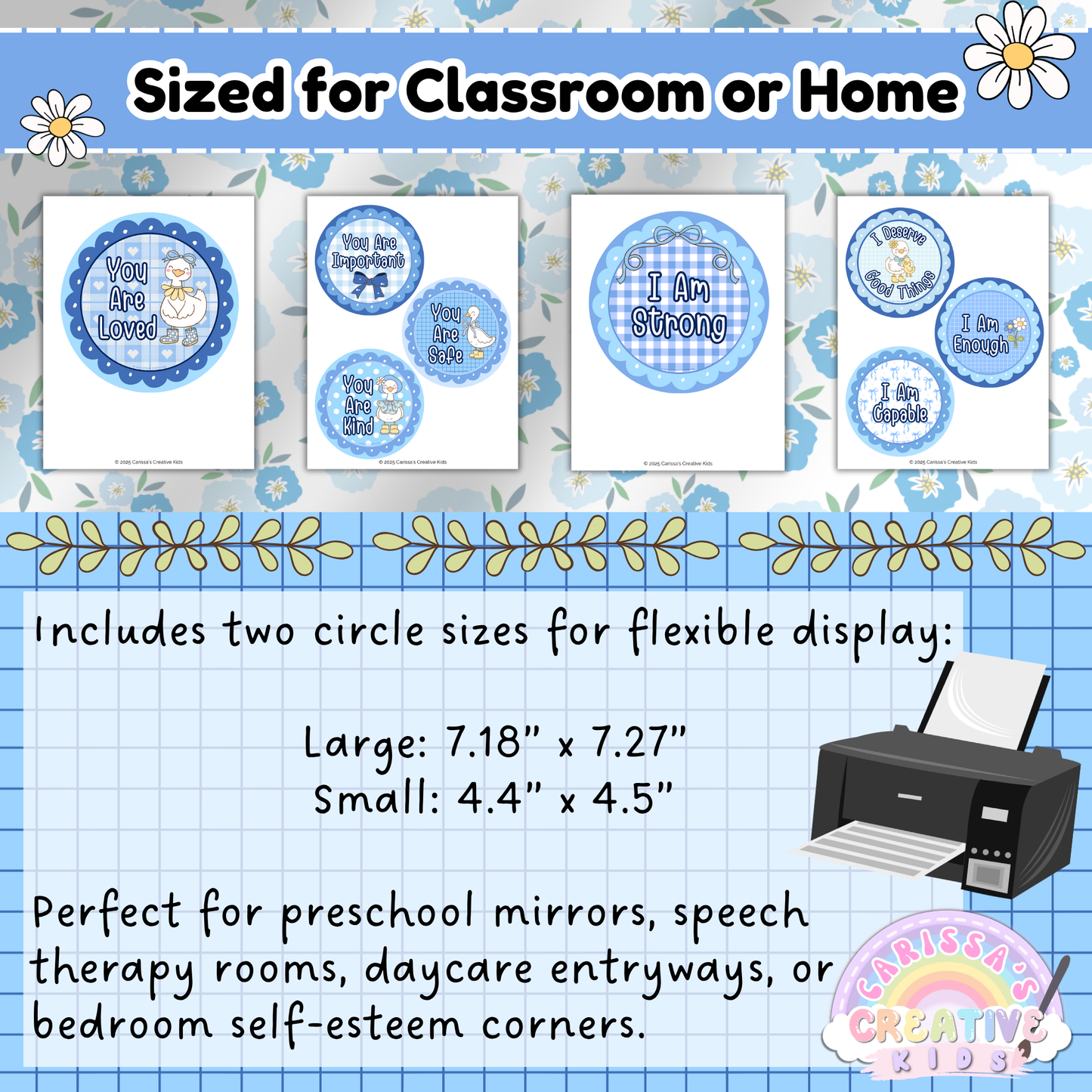 Silly Goose Affirmation Mirror printable circles in two sizes for flexible display. Perfect for preschool classrooms, daycare mirrors, speech therapy rooms, and bedroom self-esteem corners. Easy-to-print SEL resource for home or school.