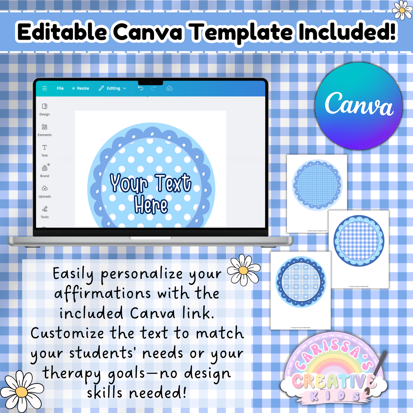 Editable Canva template for Silly Goose Affirmation Mirror printables. Easily customize positive affirmations for classroom decor, daycare, or speech therapy with editable text circles. No design skills needed.