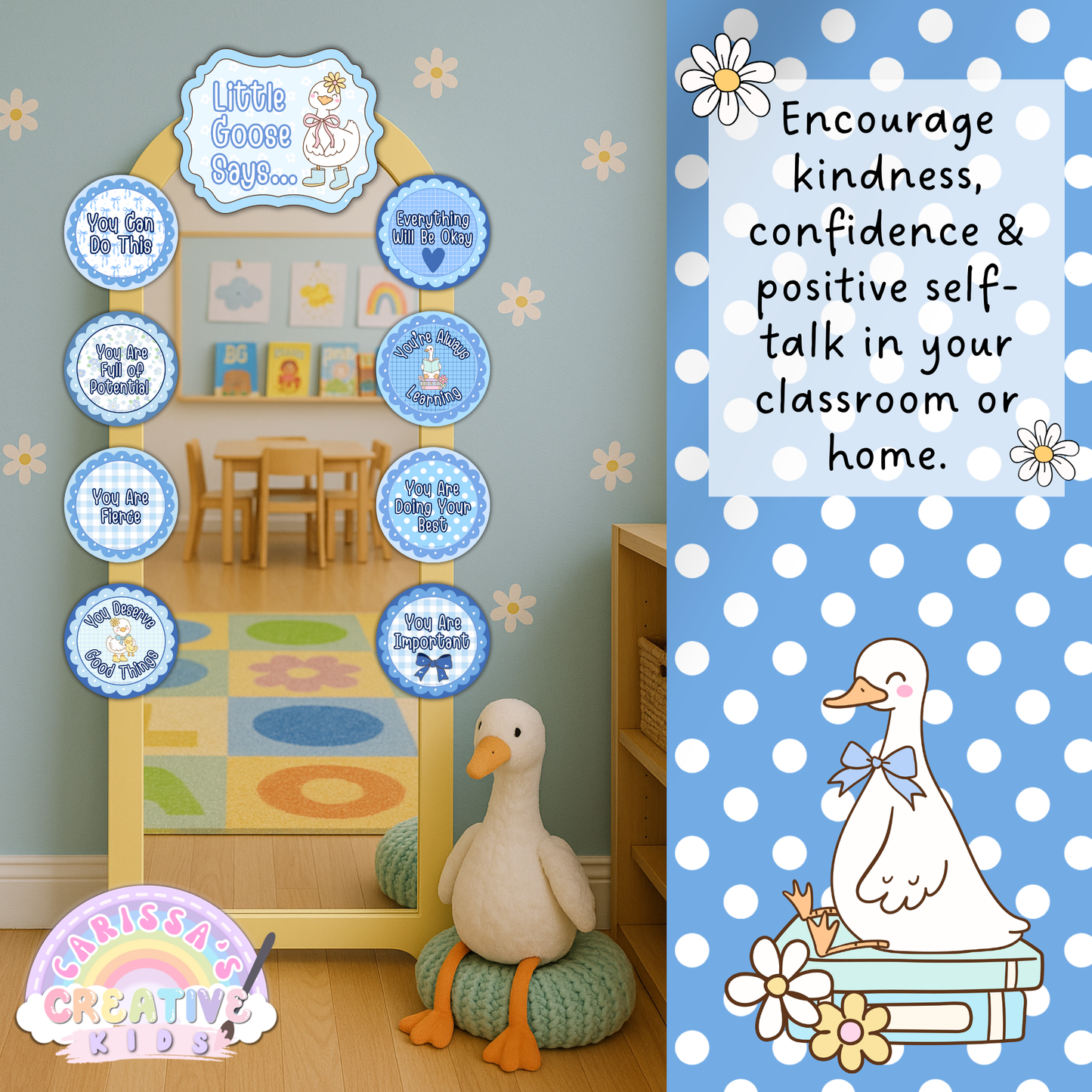 Silly Goose Affirmation Station mirror display in a preschool classroom. Printable affirmation circles promote kindness, confidence, and positive self-talk in SEL spaces, daycare decor, and calm corners for early learners.