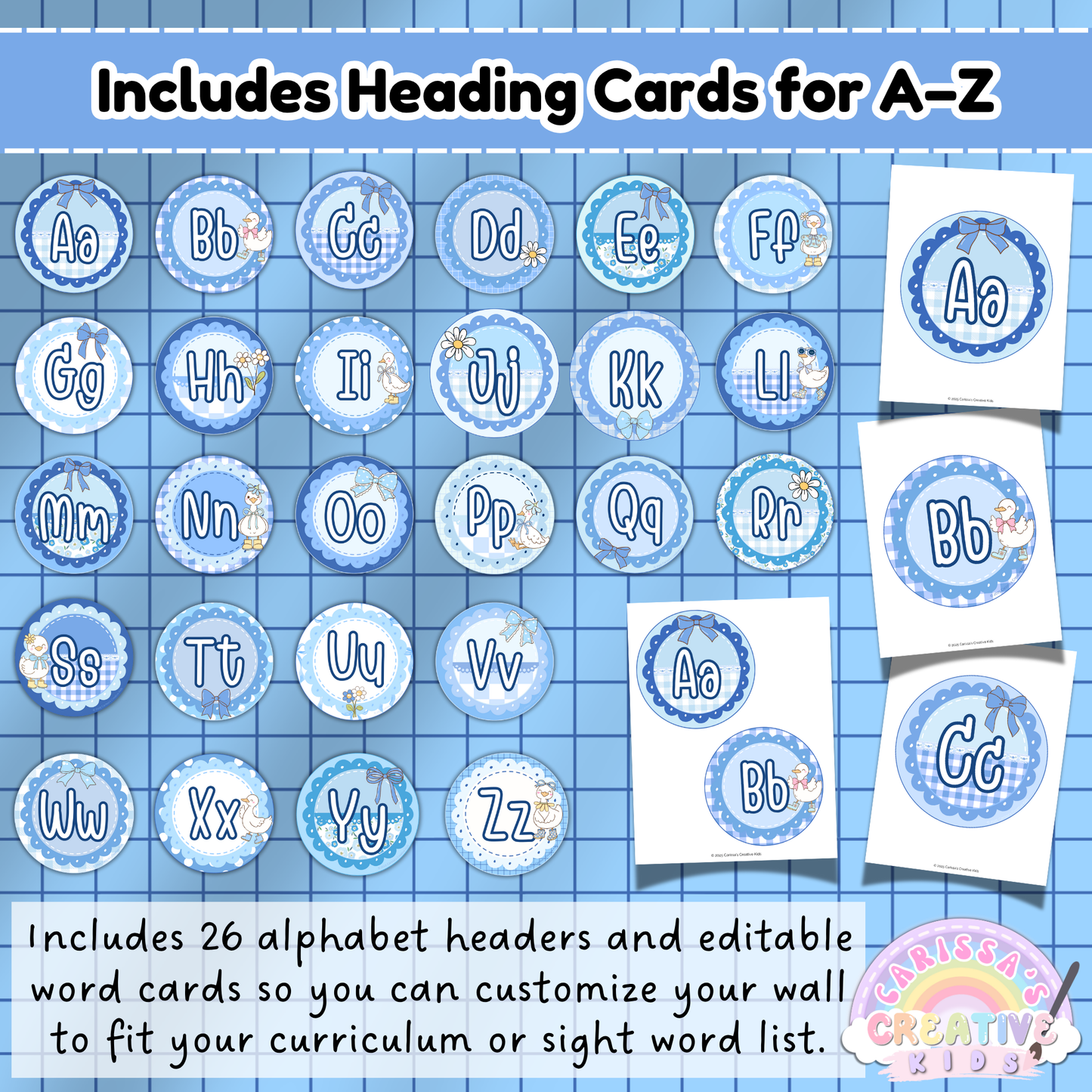 A–Z alphabet circle header cards in vintage blue for editable classroom word wall—perfect for customizing sight word displays in early elementary or kindergarten.