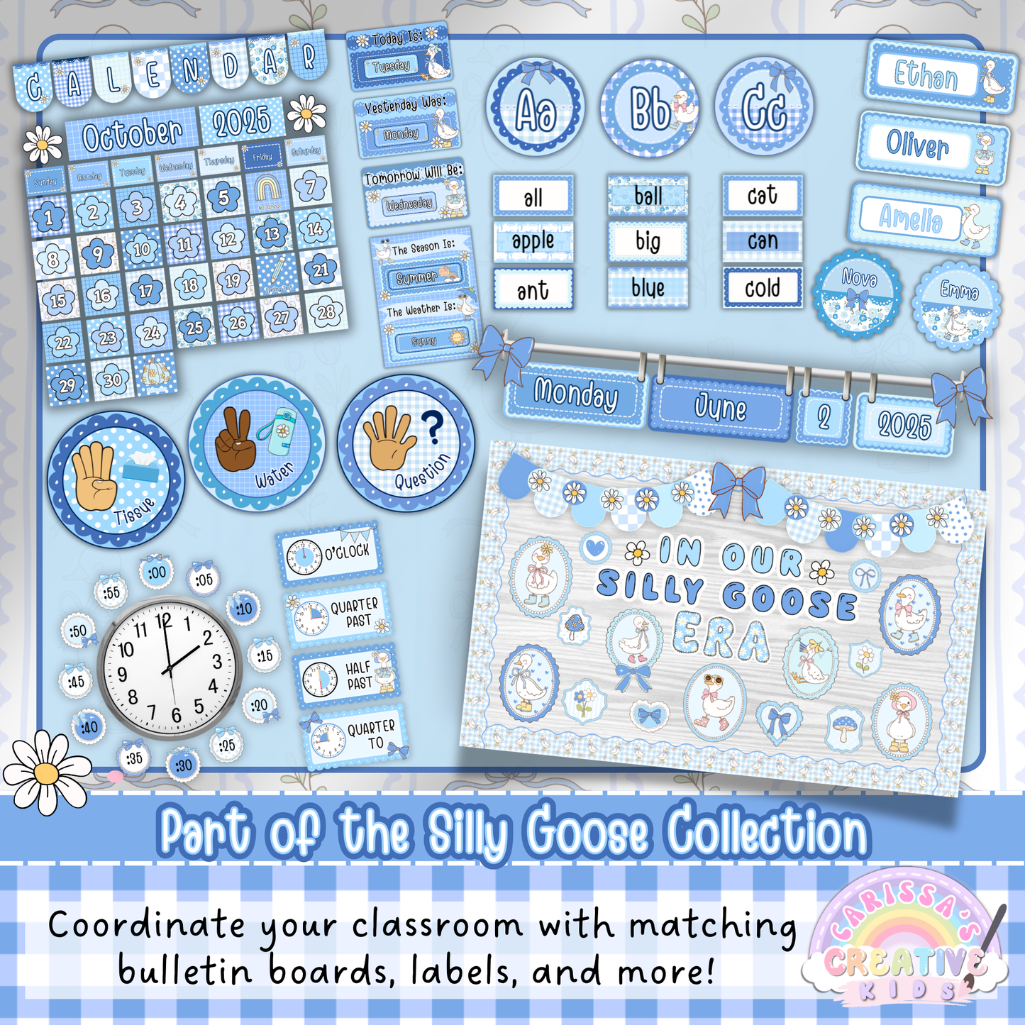 Silly Goose Alphabet Posters shown as part of the Silly Goose classroom decor collection with matching calendar display, bulletin boards, labels, name tags, and pastel blue daycare or kindergarten classroom decor.