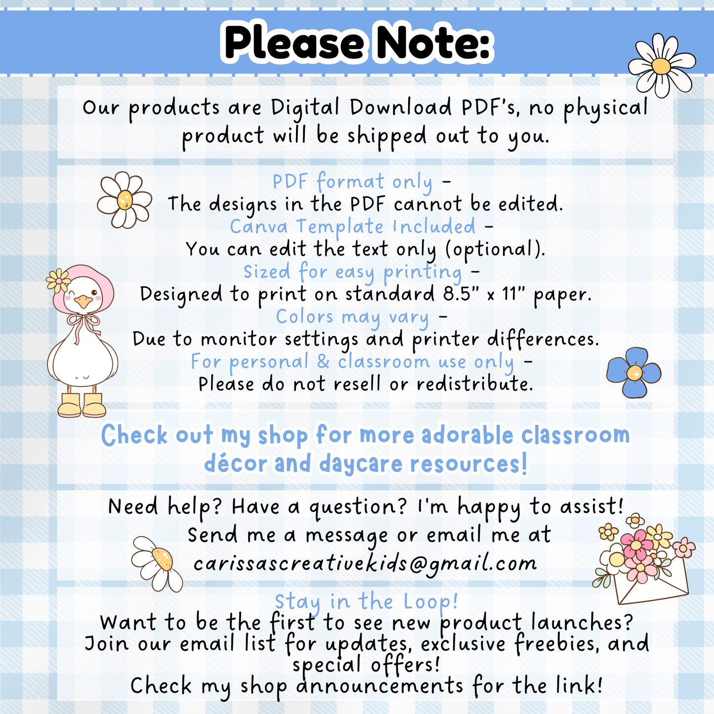 A digital disclaimer page styled in soft pastel gingham for the Silly Goose Binder Covers listing. It informs customers that the product is a digital download only and includes Canva template access, printing tips, and terms of use. Features playful goose illustrations and floral accents.