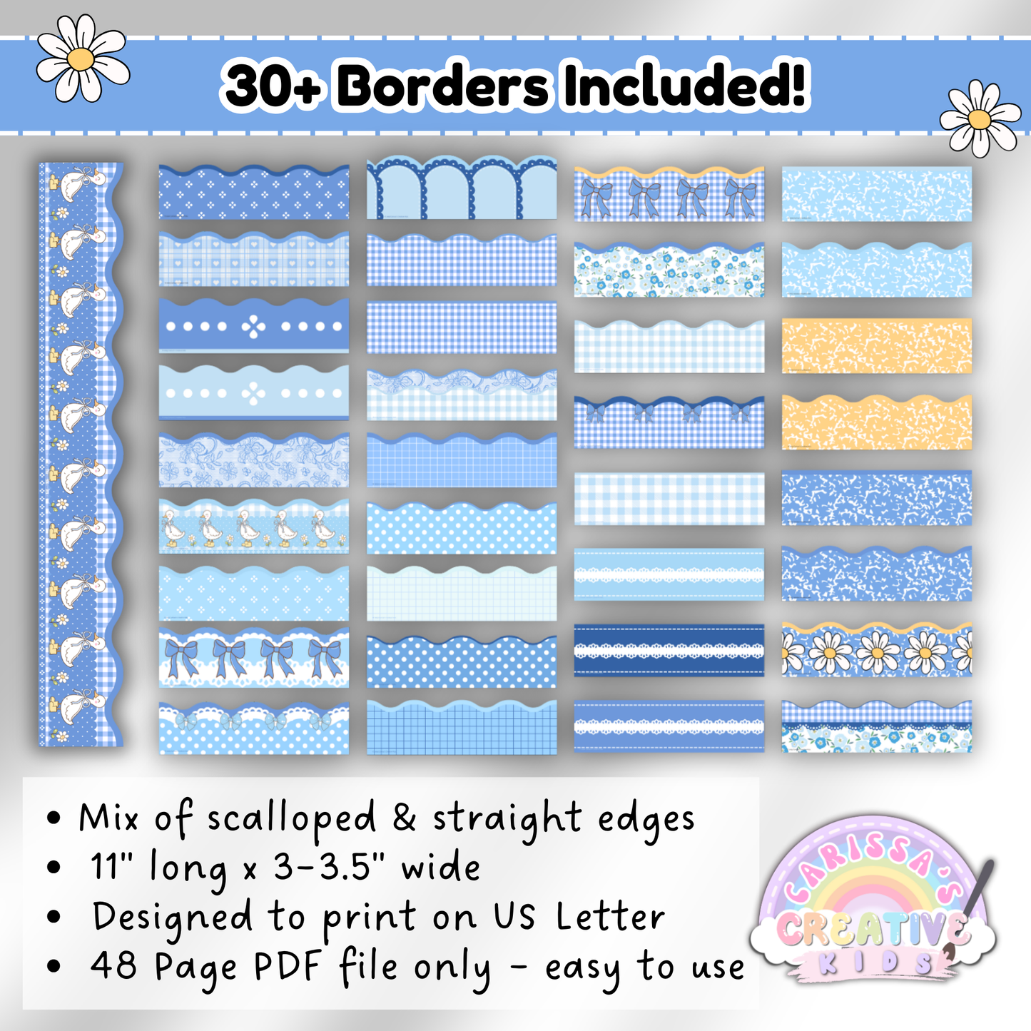 Preview of the Silly Goose Bulletin Board Borders with scalloped and straight edges. Designs feature blue gingham, florals, geese, and pastel patterns sized 11 inches long by 3–3.5 inches wide. Printable PDF for preschool decor, daycare bulletin boards, nursery, and classroom themes.