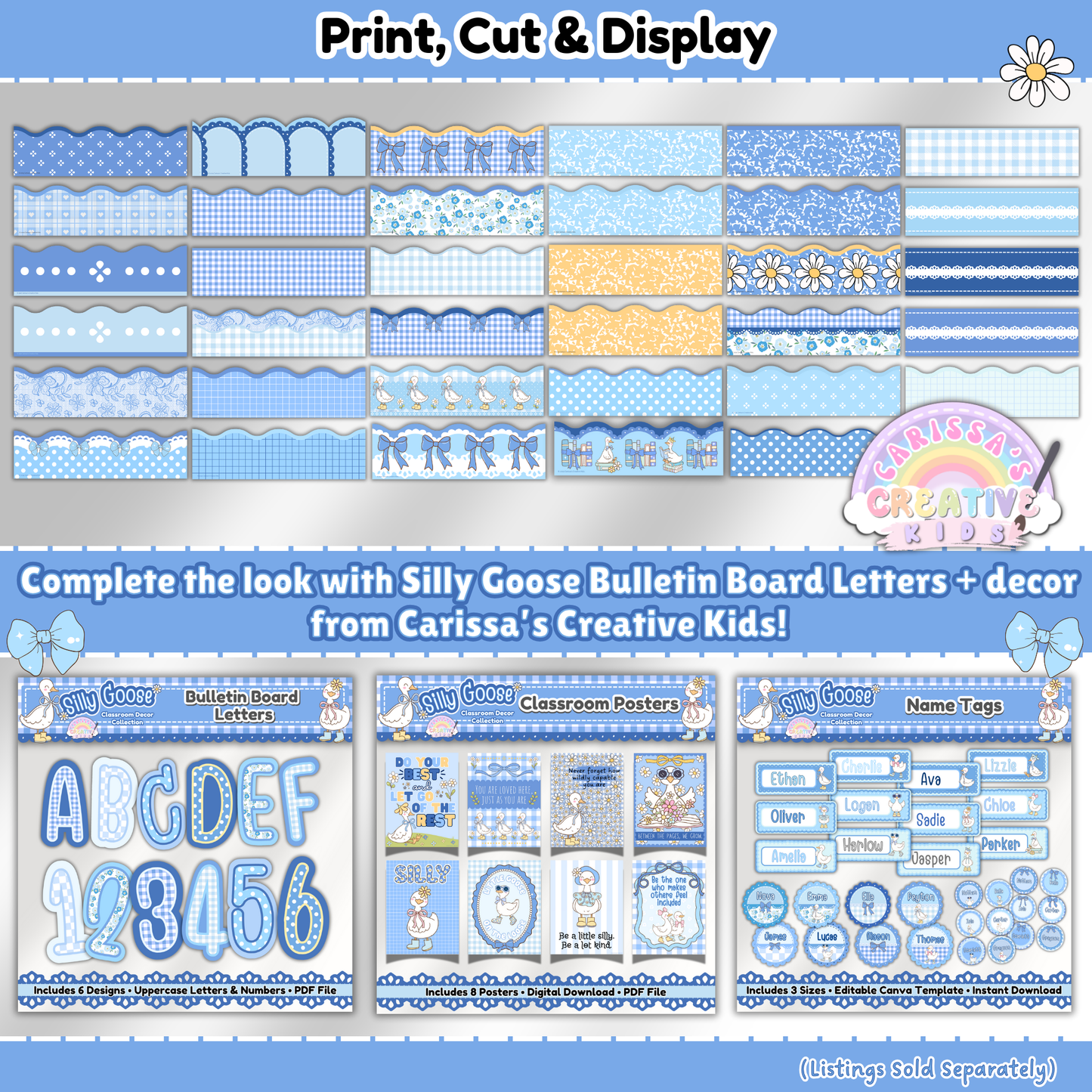 Silly Goose Bulletin Board Borders printable pack displayed in 35 designs with scalloped and straight edges. Easy print, cut, and display format for classroom bulletin boards. Coordinates perfectly with Silly Goose bulletin board letters, posters, and name tags (sold separately). Ideal for preschool decor, daycare, nursery, and back-to-school classroom themes.