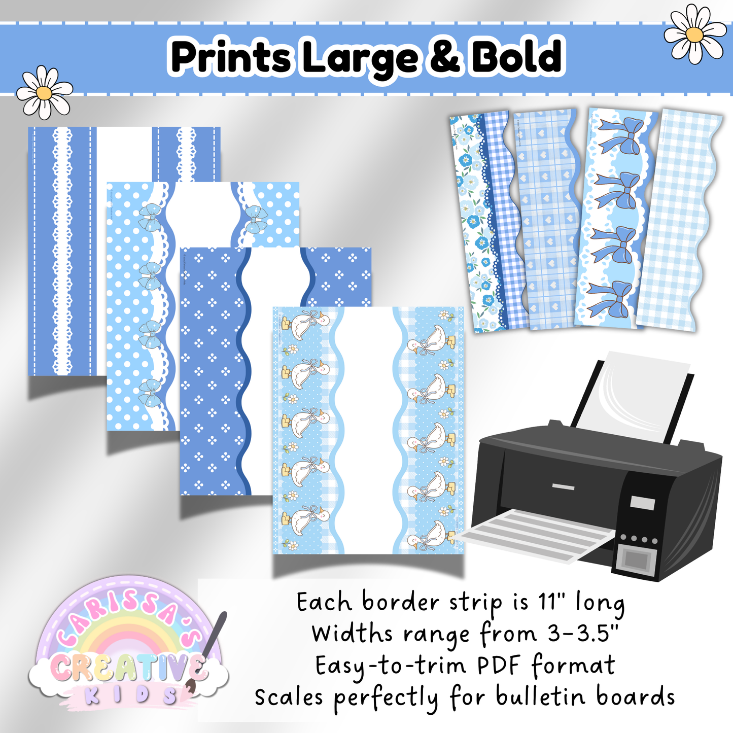 Printable Silly Goose Bulletin Board Borders shown in scalloped and straight designs with blue gingham, floral, and goose patterns. Each border strip is 11 inches long by 3–3.5 inches wide, formatted as a PDF for easy printing and trimming. Perfect for preschool bulletin boards, daycare, nursery decor, and back-to-school classroom themes.