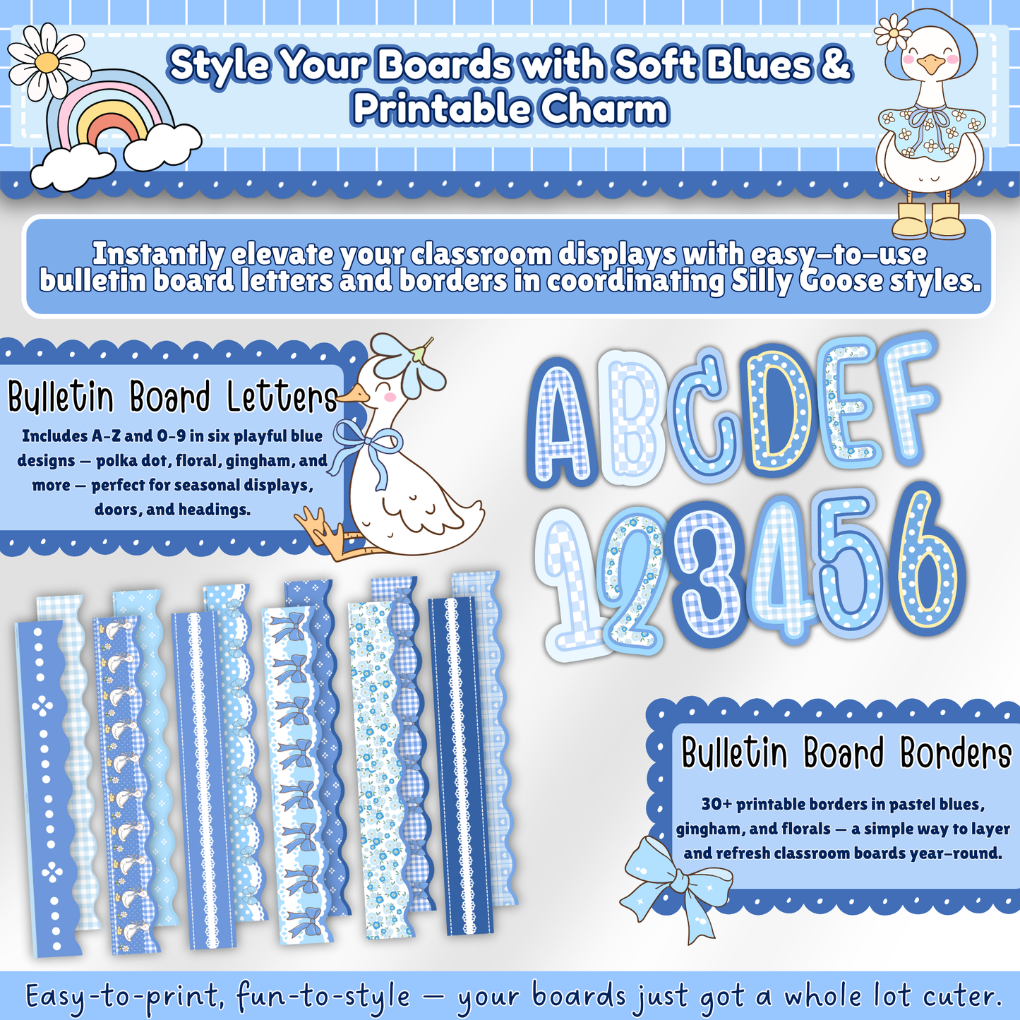 Printable blue bulletin board letters and borders from the Silly Goose Classroom Decor set, featuring playful pastel gingham styles for classroom displays and seasonal headings.