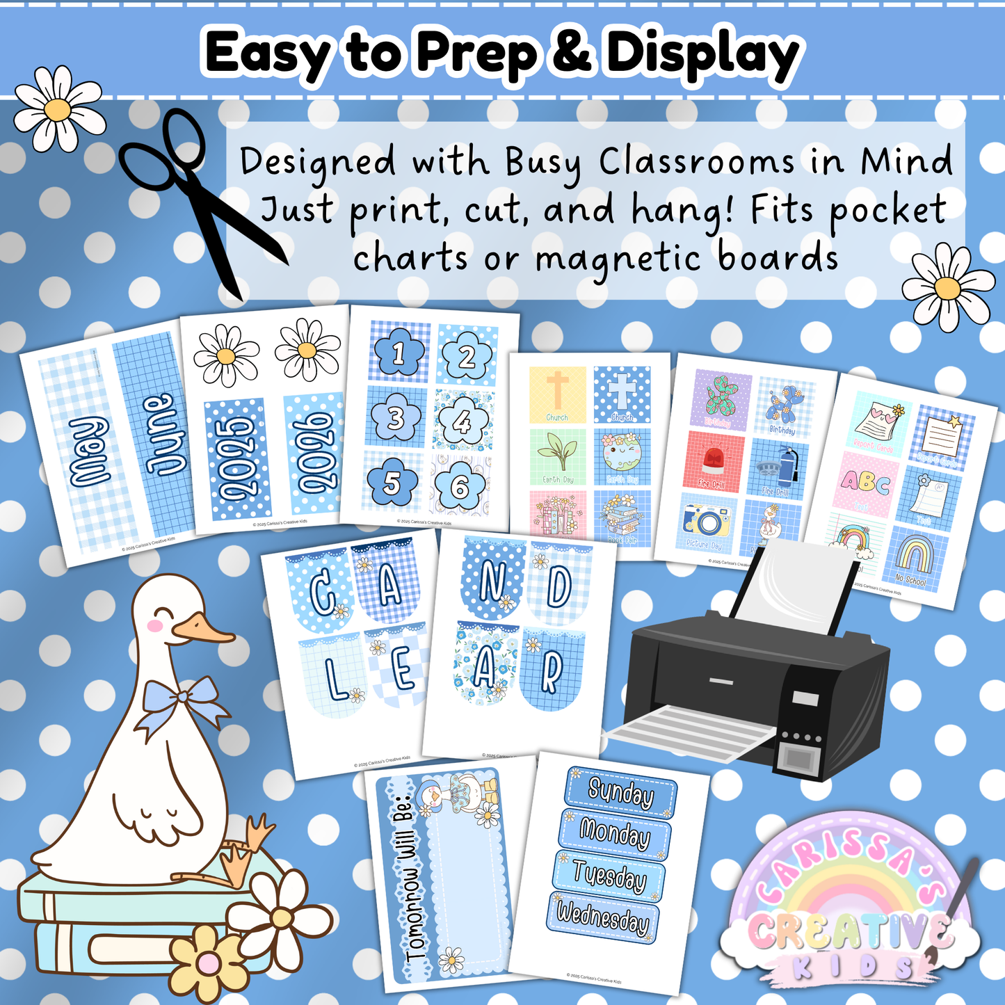 Classroom calendar printables laid out on a blue polka-dot background, featuring editable headers, numbers, and weather cards. Designed with busy preschool and daycare teachers in mind—print, cut, and hang. Compatible with magnetic boards and pocket charts. A cheerful Silly Goose theme for engaging, low-prep classroom decor.