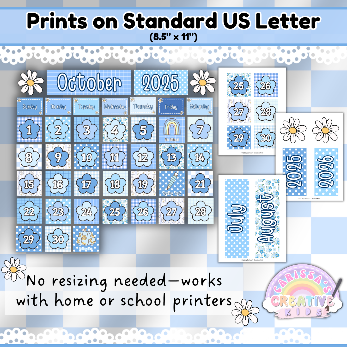 Printable classroom calendar pages shown on standard 8.5" x 11" US Letter paper. Silly Goose-themed preschool calendar includes month and year headers, date cards, and seasonal visuals—no resizing needed. Perfect for home or school printers, making setup easy for daycare, homeschool, or early learning classrooms.